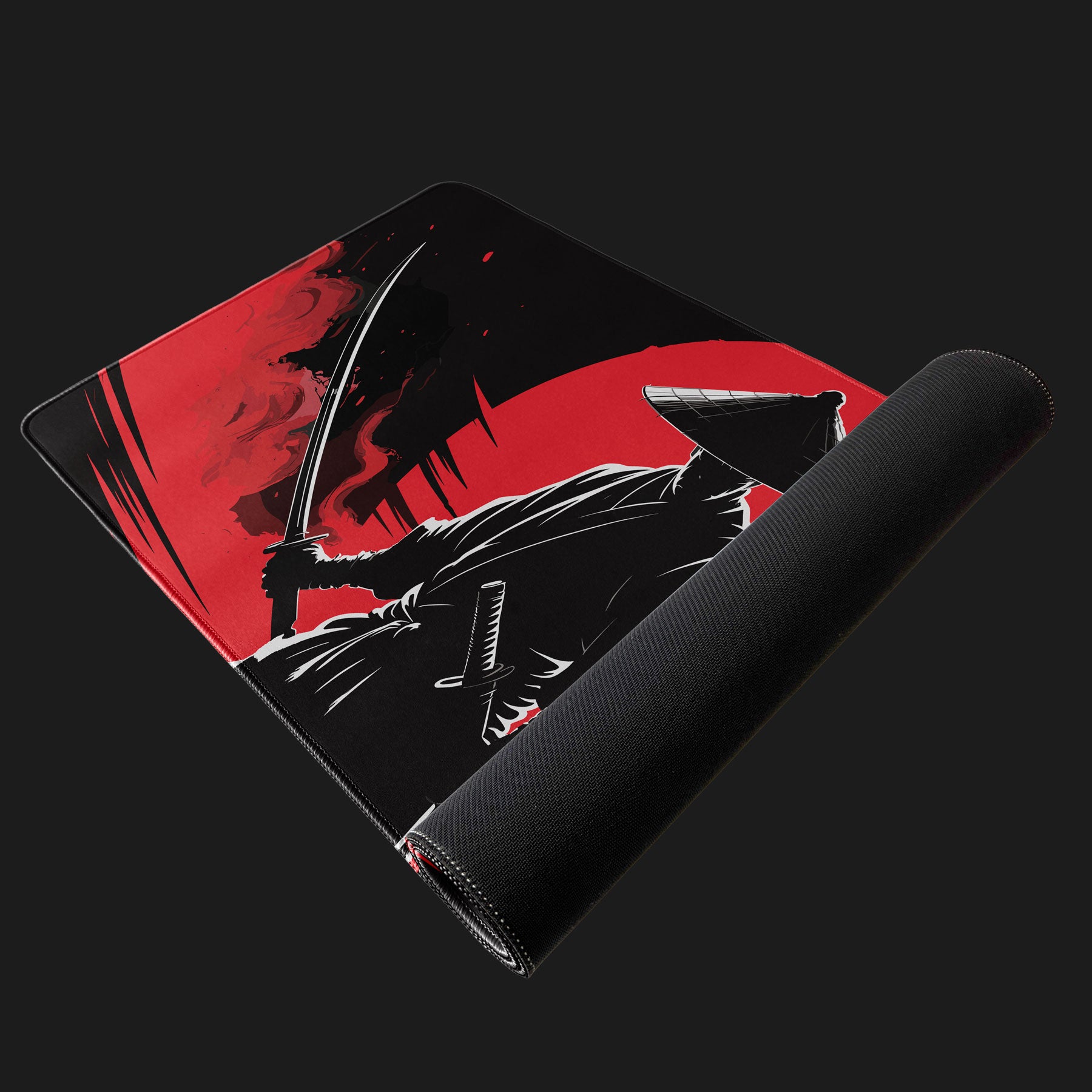Artistic gaming desk mat with Japanese sword fighter silhouette