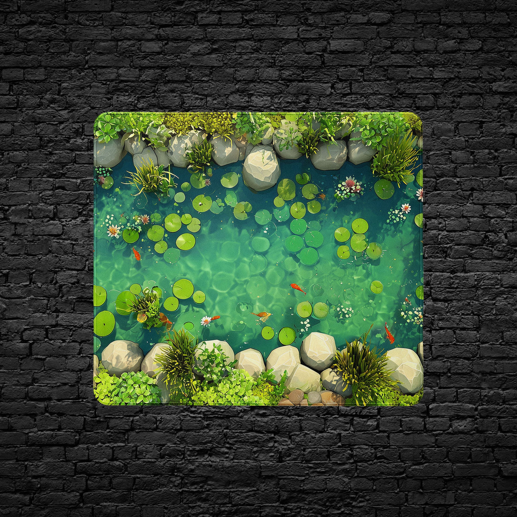 Large desk mat featuring a tranquil koi pond with rocks and plants
