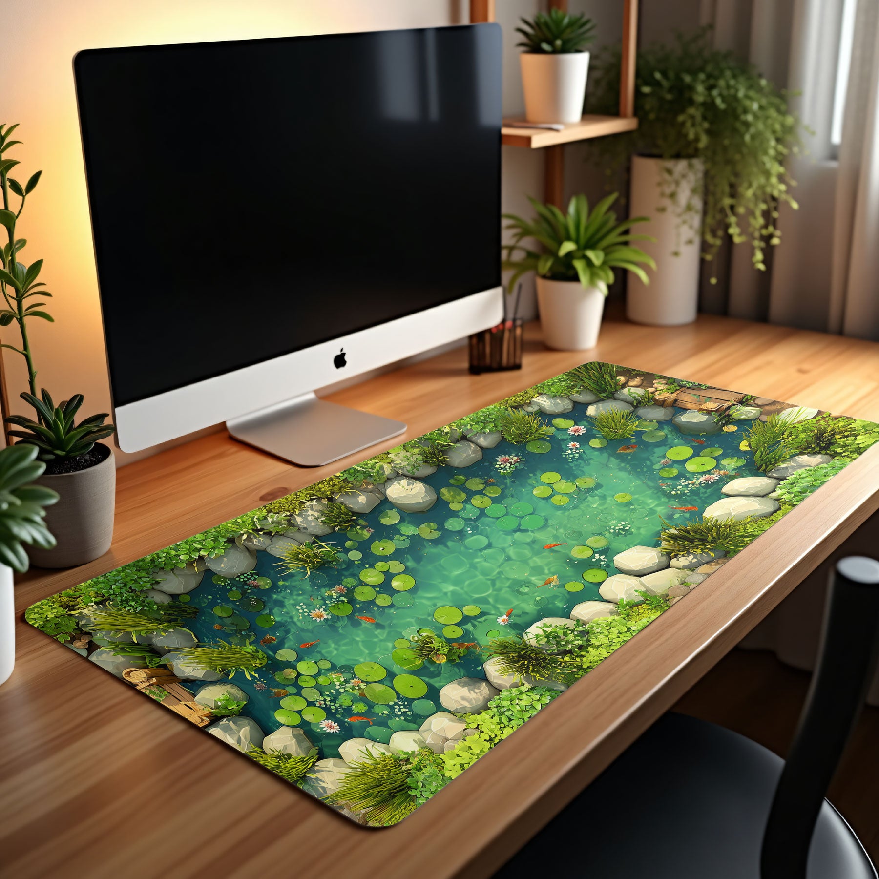 Artistic mouse pad with Japanese garden koi pond illustration
