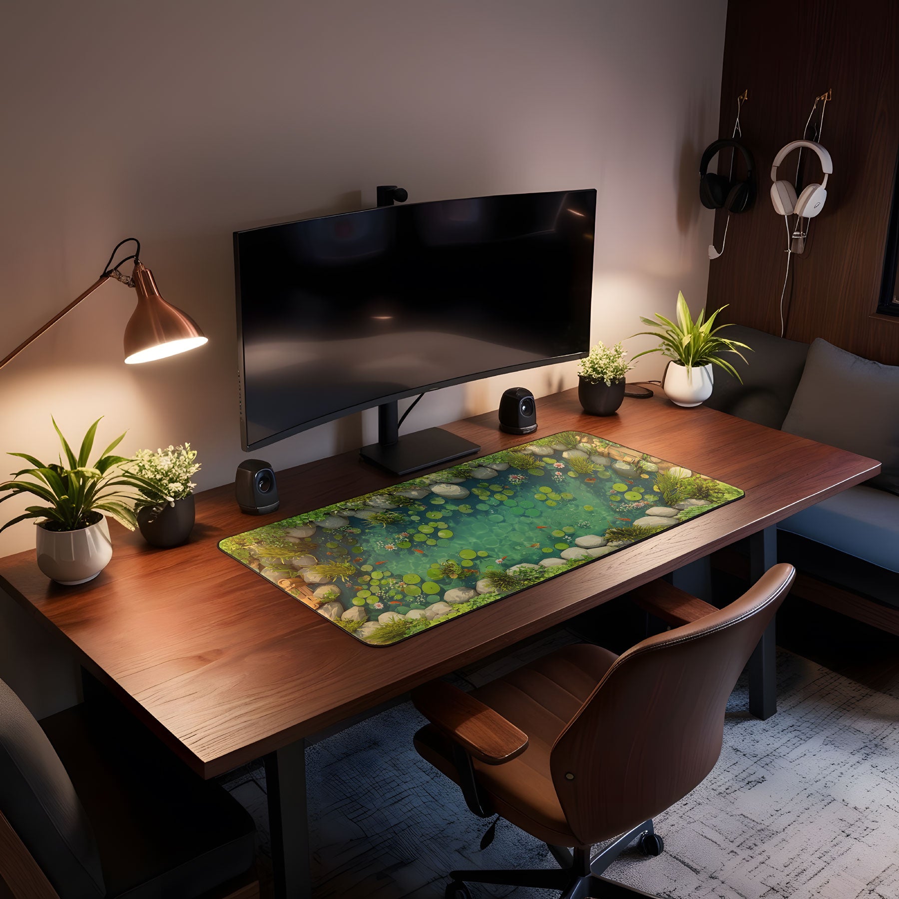Office desk mat with calming water lily and koi fish artwork