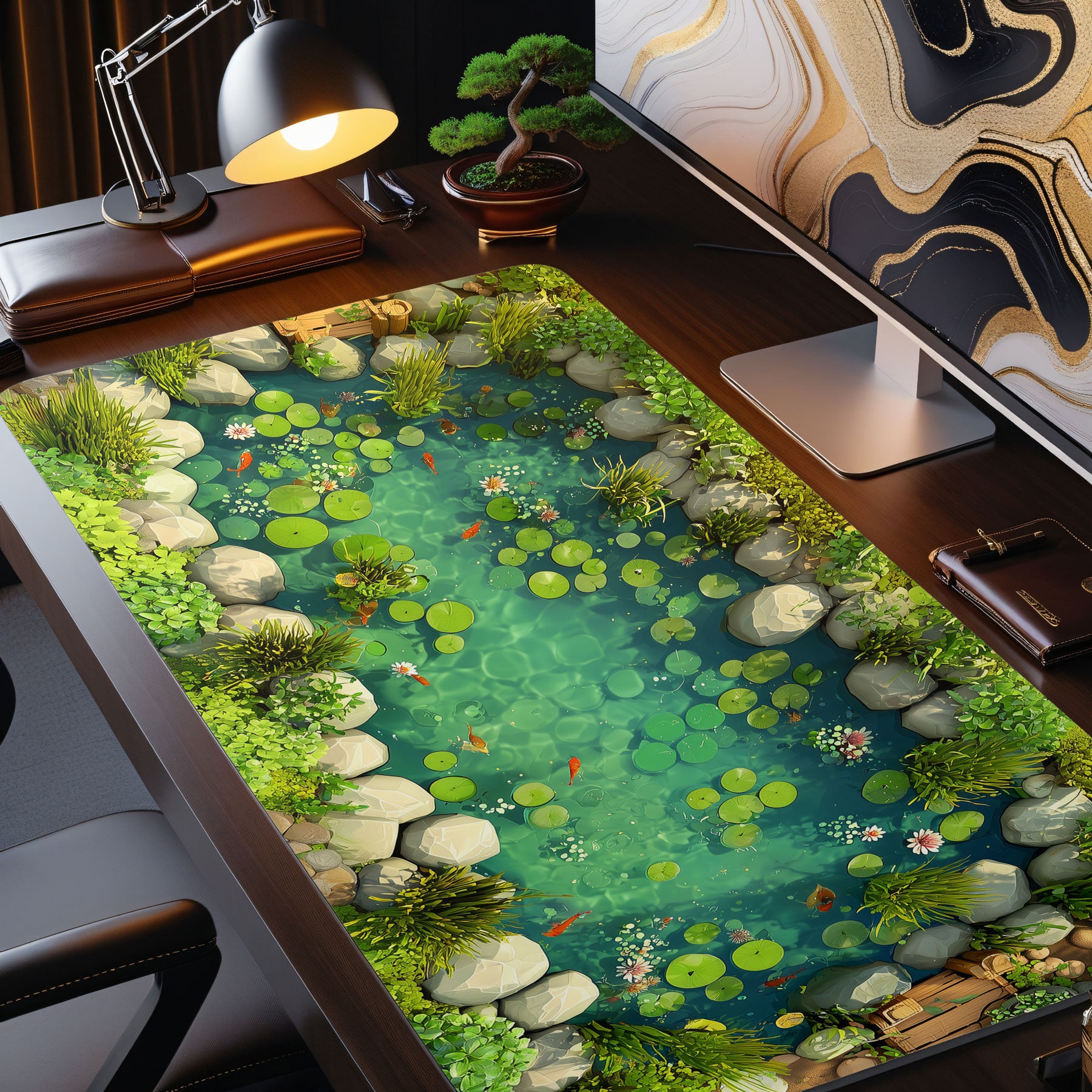 Extra-large desk mat with serene pond and vibrant koi fish