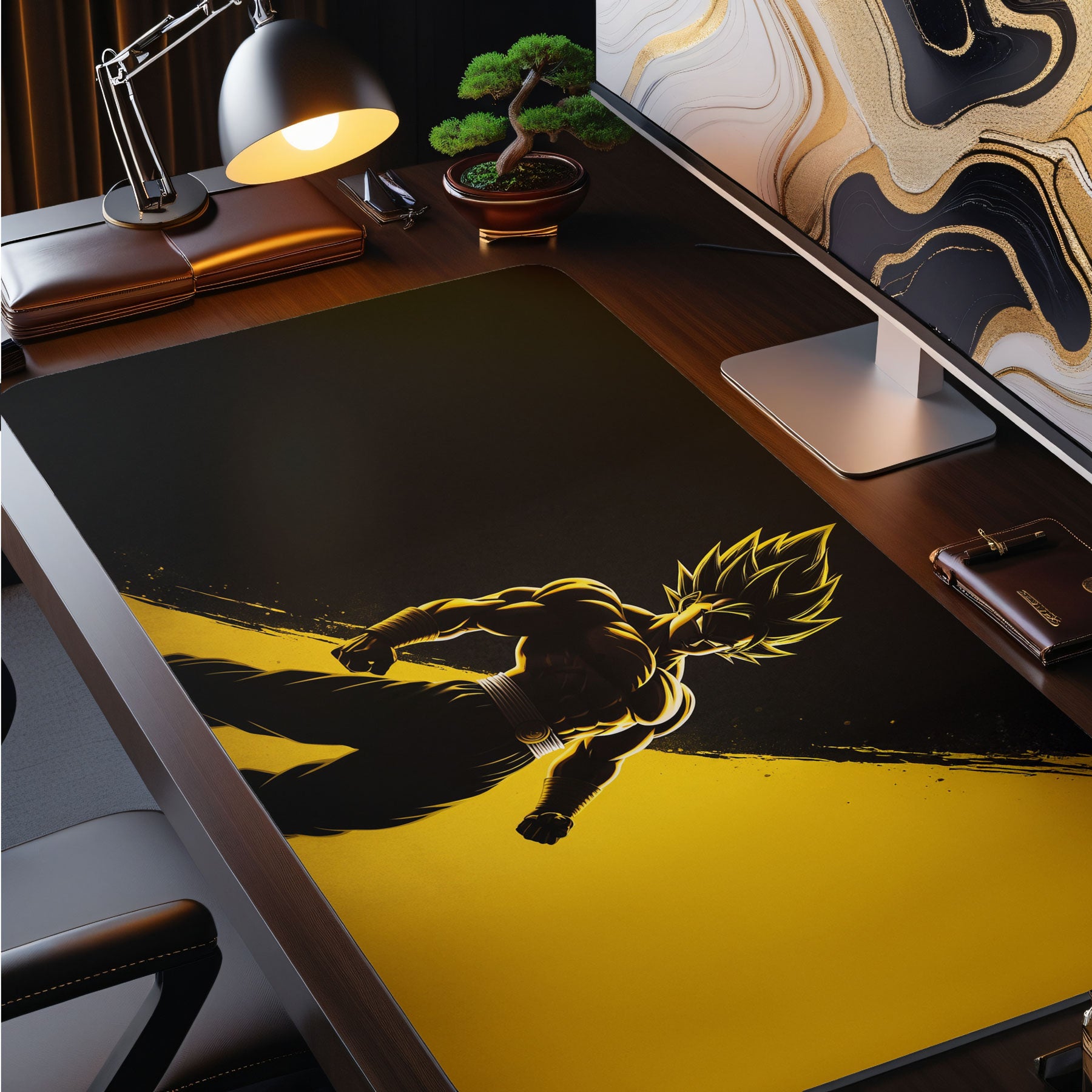 Extra-large desk mat with powerful anime fighter silhouette