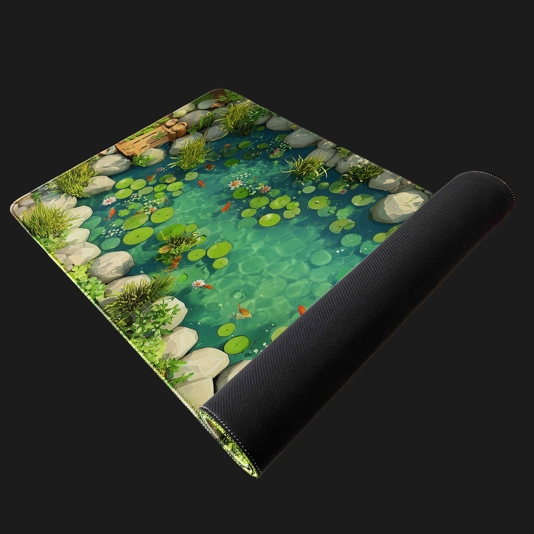 Extra-large desk mat with serene pond and vibrant koi fish