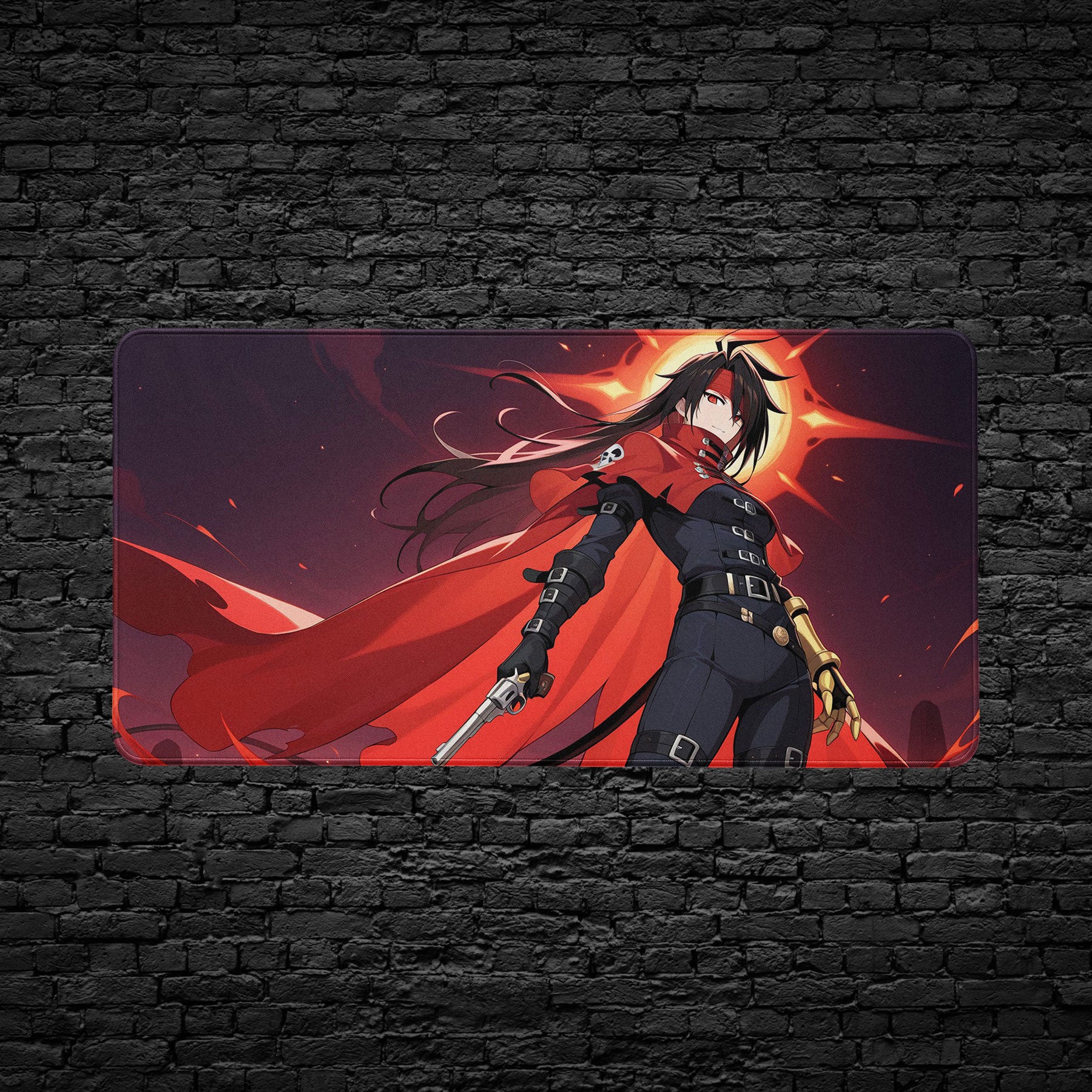 Anime Gunslinger Desk Mat – Dark Hero with Red Cape Gaming Mouse Pad