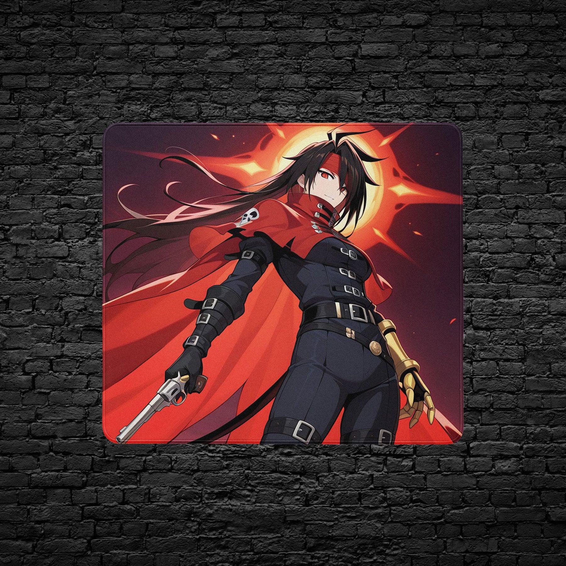 Anime Gunslinger Desk Mat – Dark Hero with Red Cape Gaming Mouse Pad