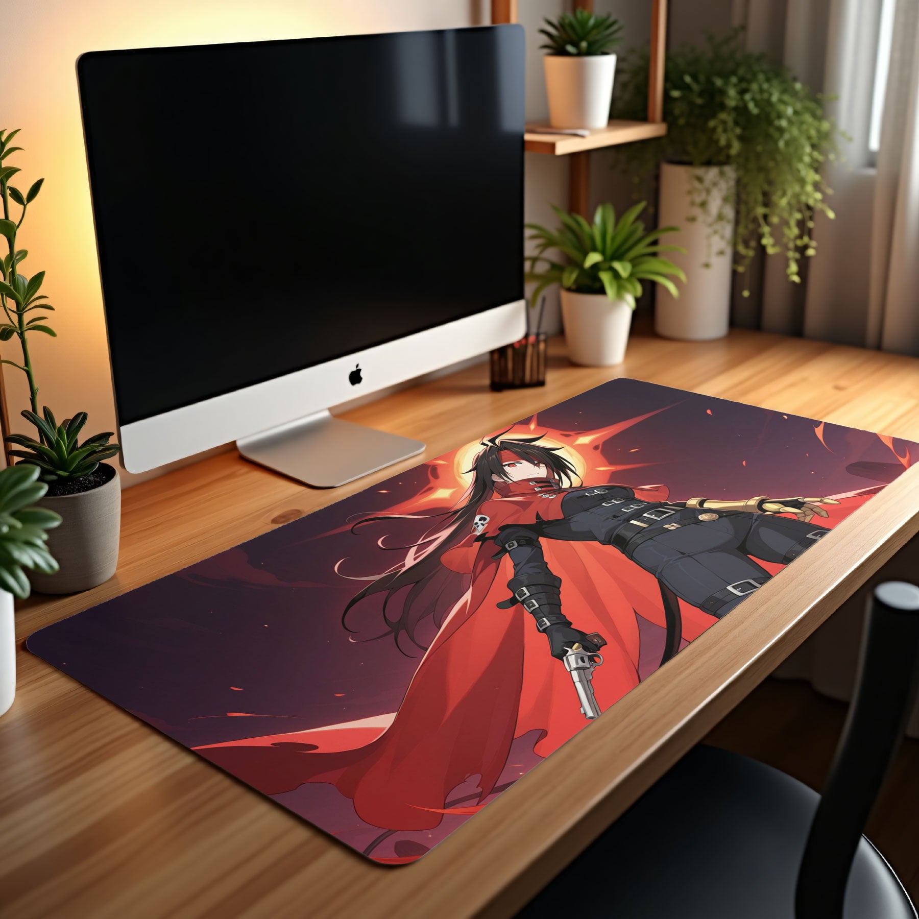 Anime Gunslinger Desk Mat – Dark Hero with Red Cape Gaming Mouse Pad