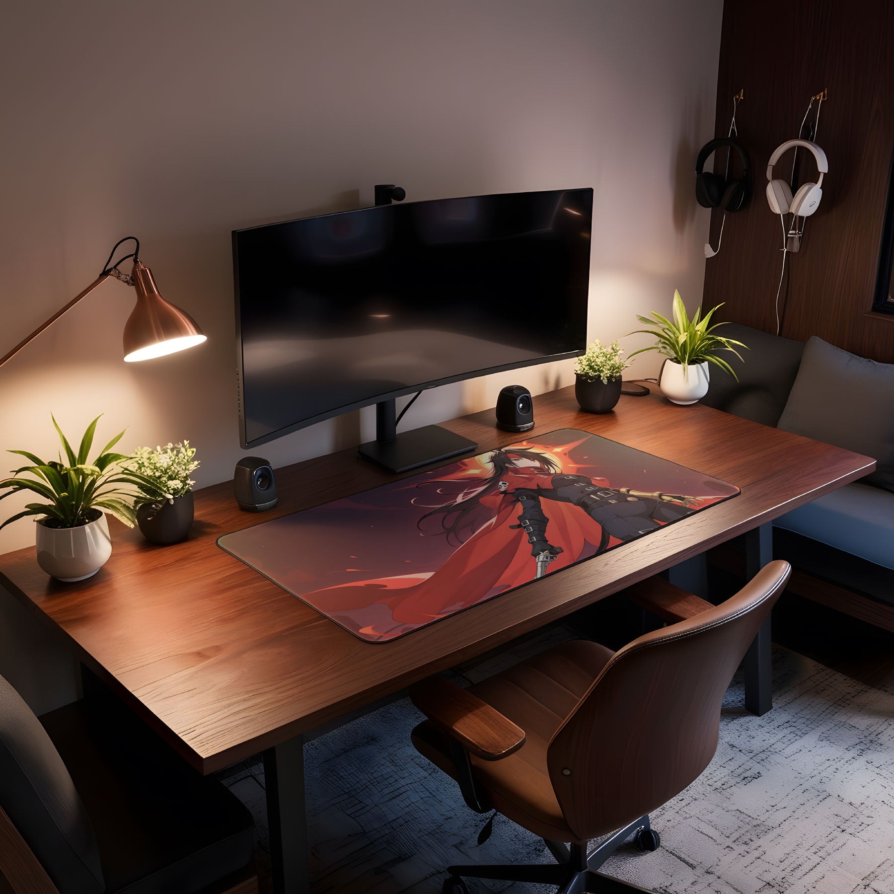 Anime Gunslinger Desk Mat – Dark Hero with Red Cape Gaming Mouse Pad