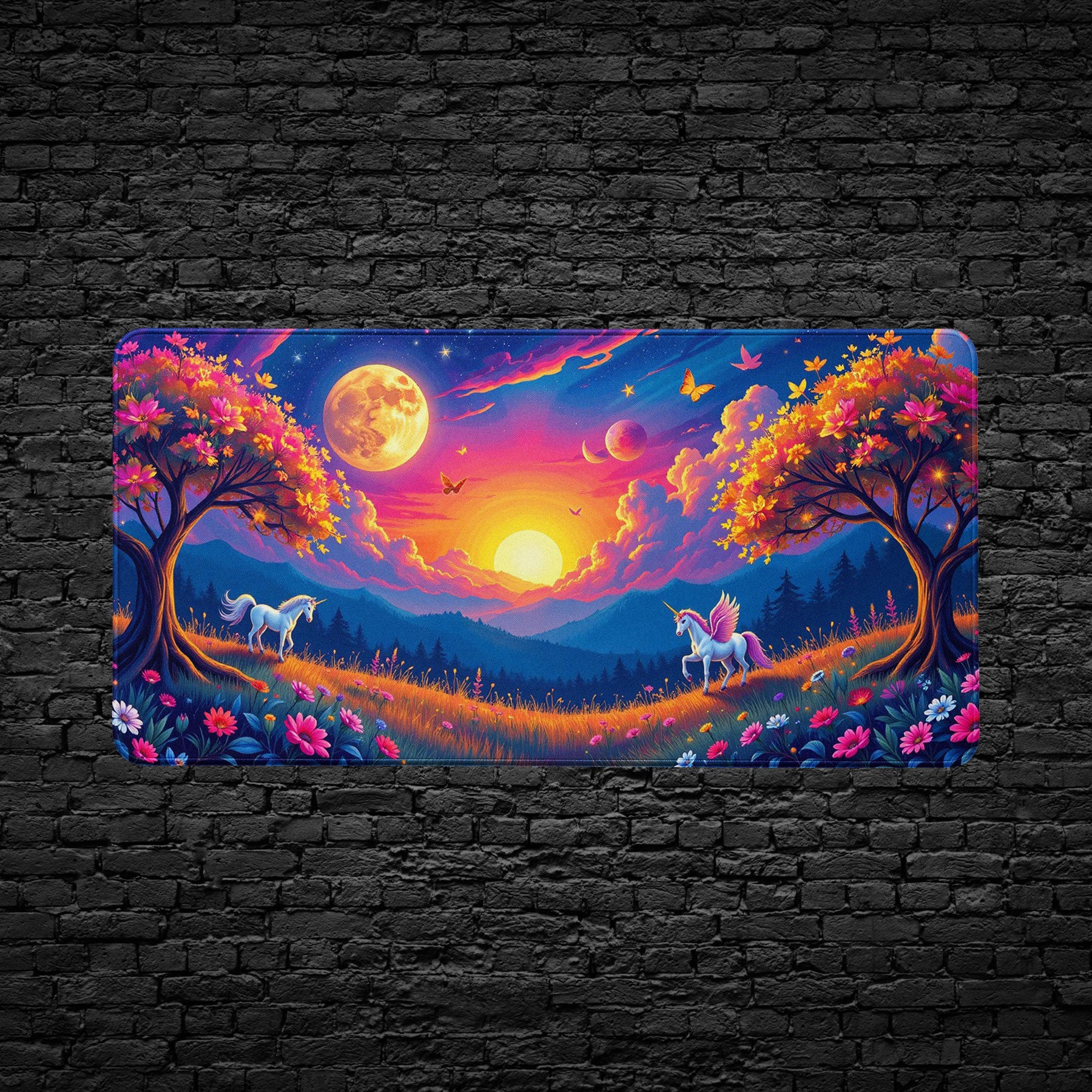 Colorful artwork of unicorns in a fantasy landscape with flowers and moons on a black brick wall.