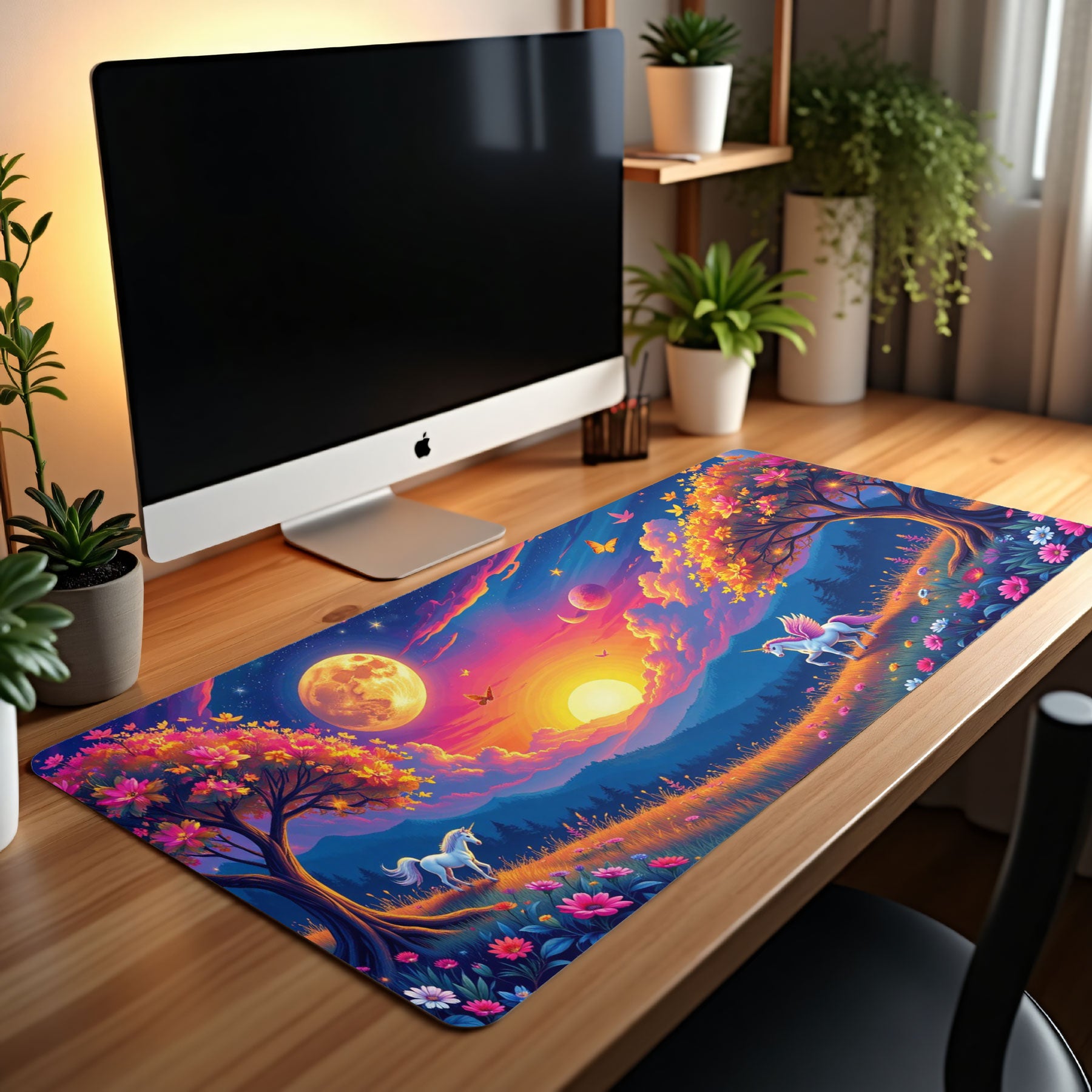 Desk setup with a computer monitor and a colorful desk mat featuring unicorns and celestial elements.