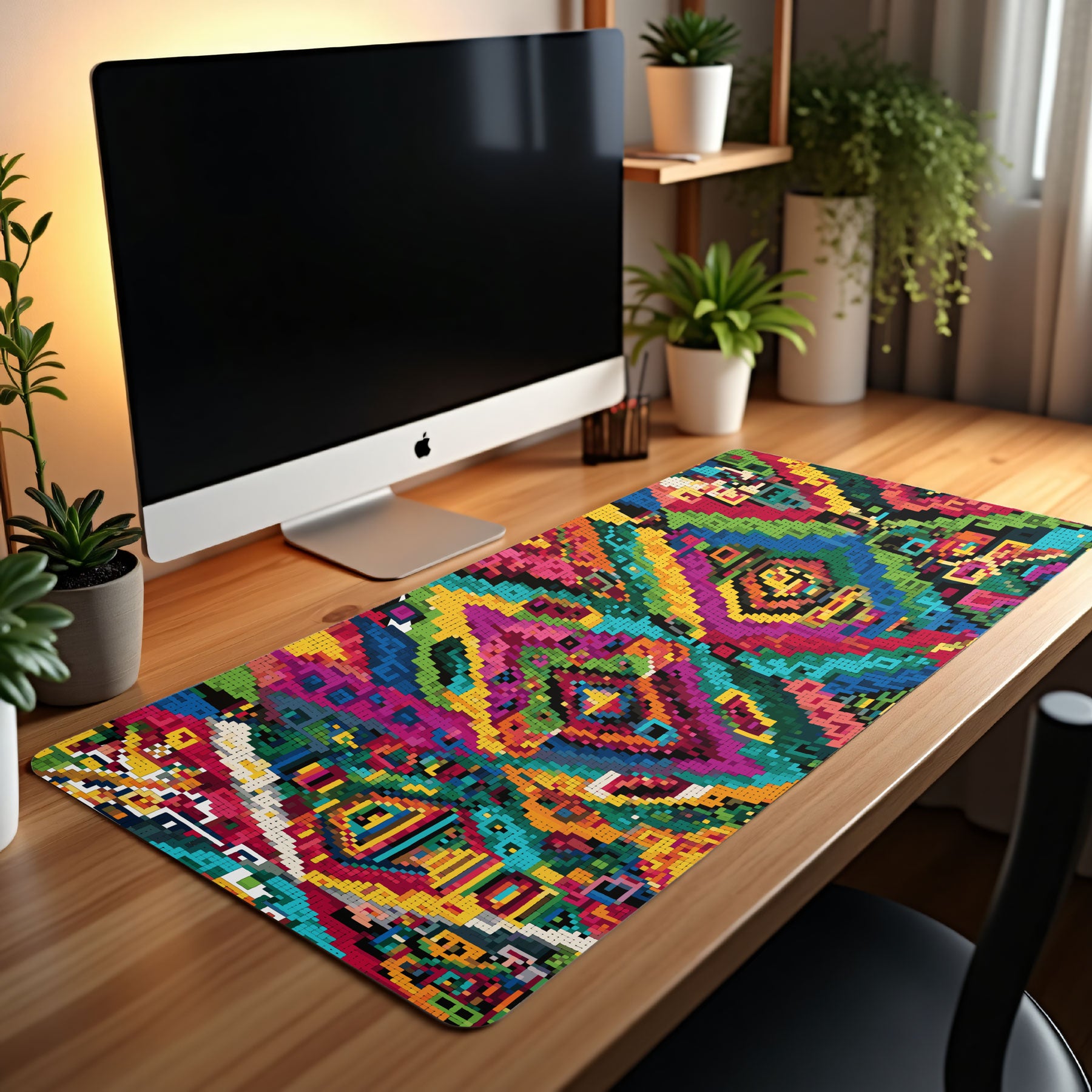 Colorful patterned desk mat on a wooden desk with a computer monitor in a home office setting.