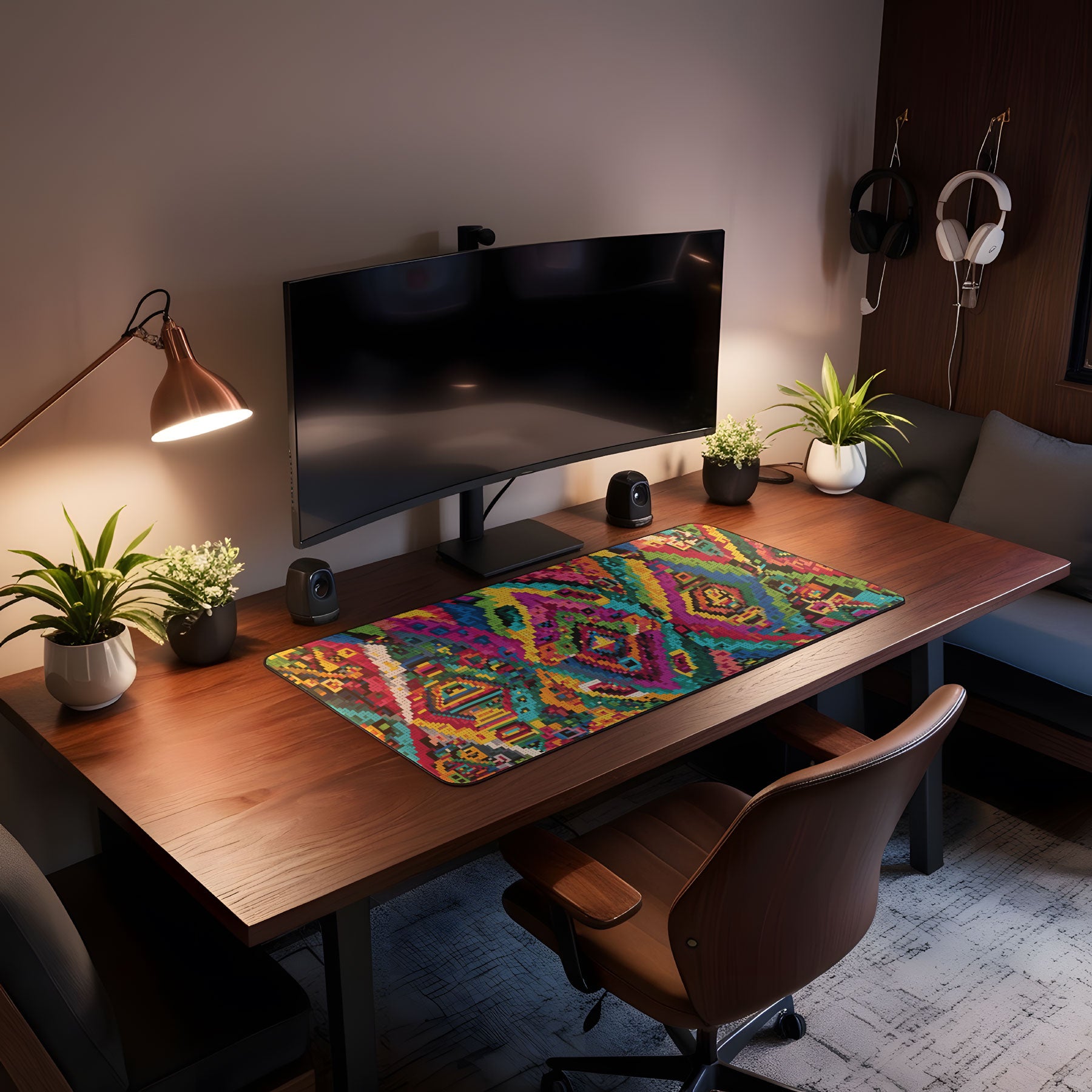 Home office setup with a desk, computer monitor, and decorative elements.