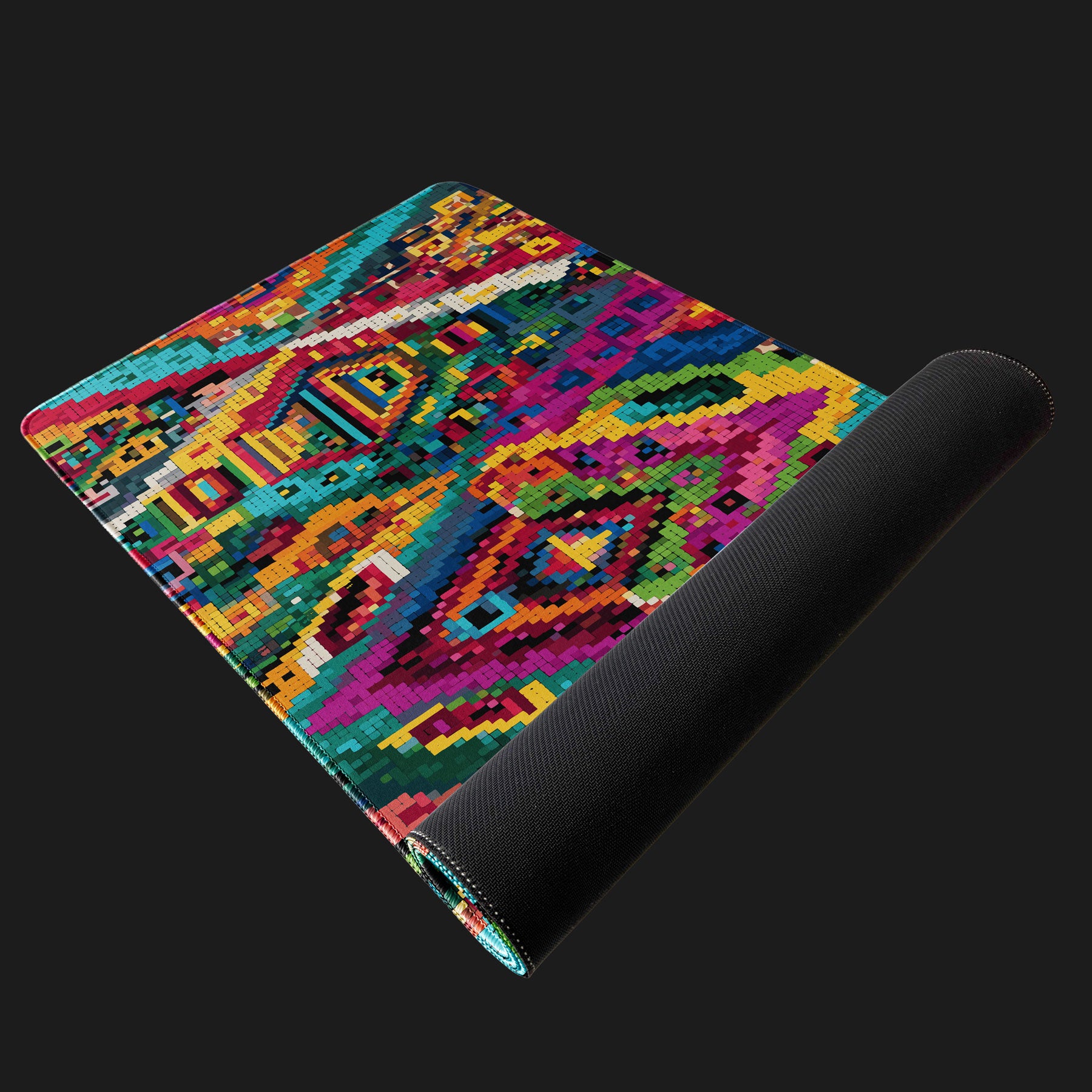 Multicolor Aztec pattern mouse pad with stitched edges