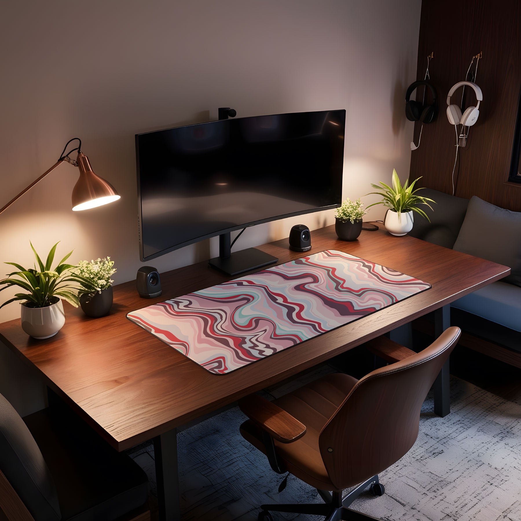 Modern home office setup with a large monitor, desk, chair, and decorative elements.