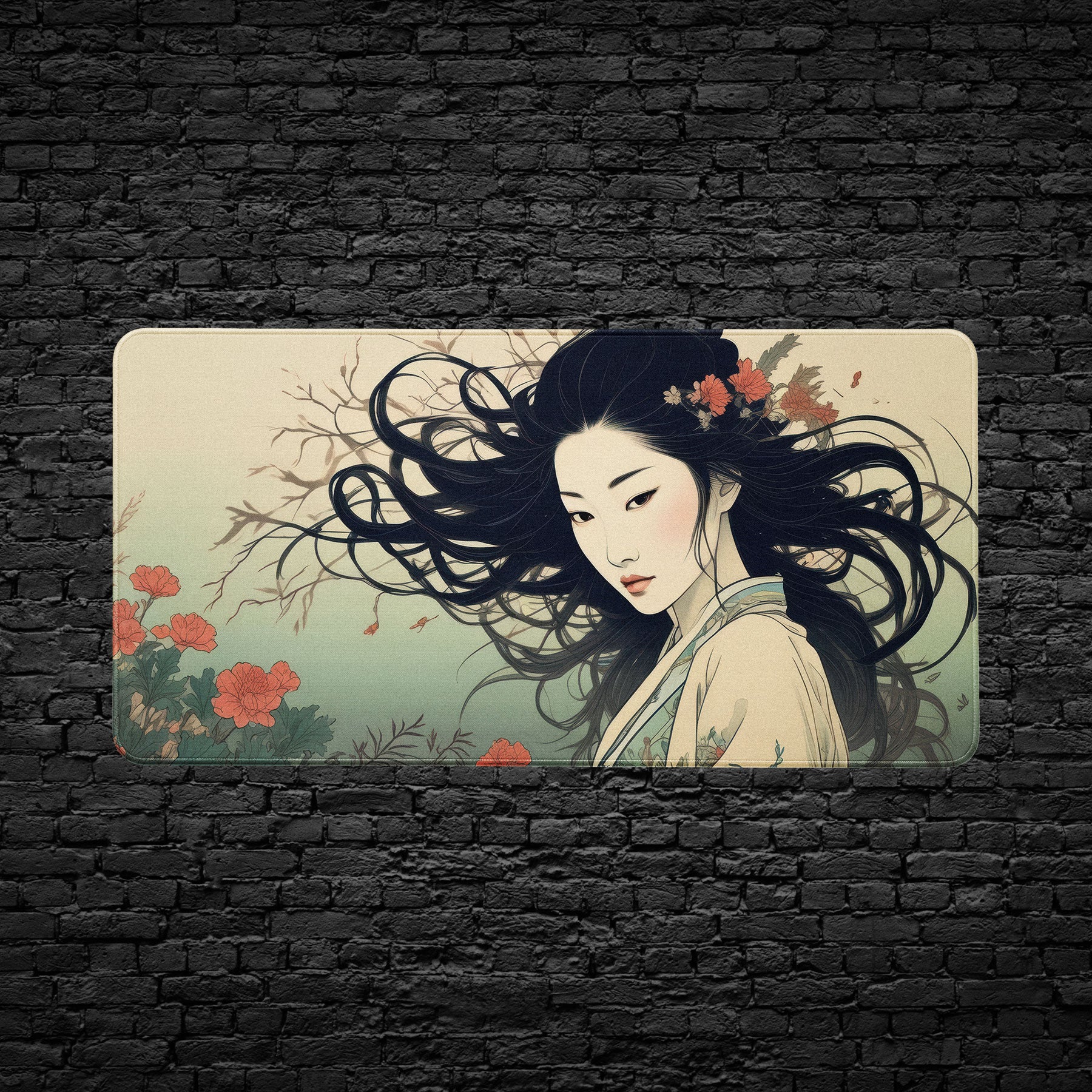 Illustration of a woman with flowing hair and flowers on a rectangular background against a black brick wall.