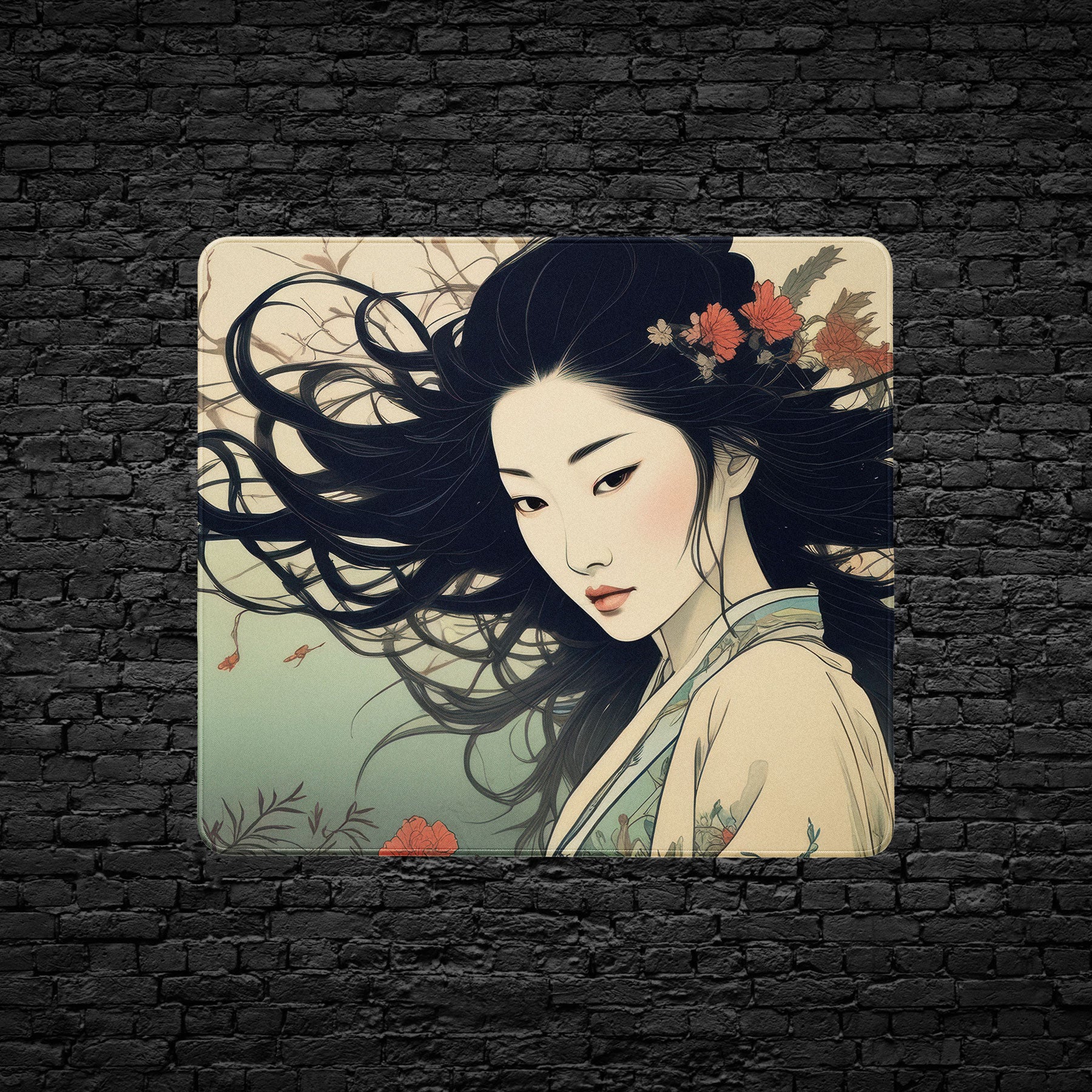 Illustration of a woman with flowing hair against a brick wall background