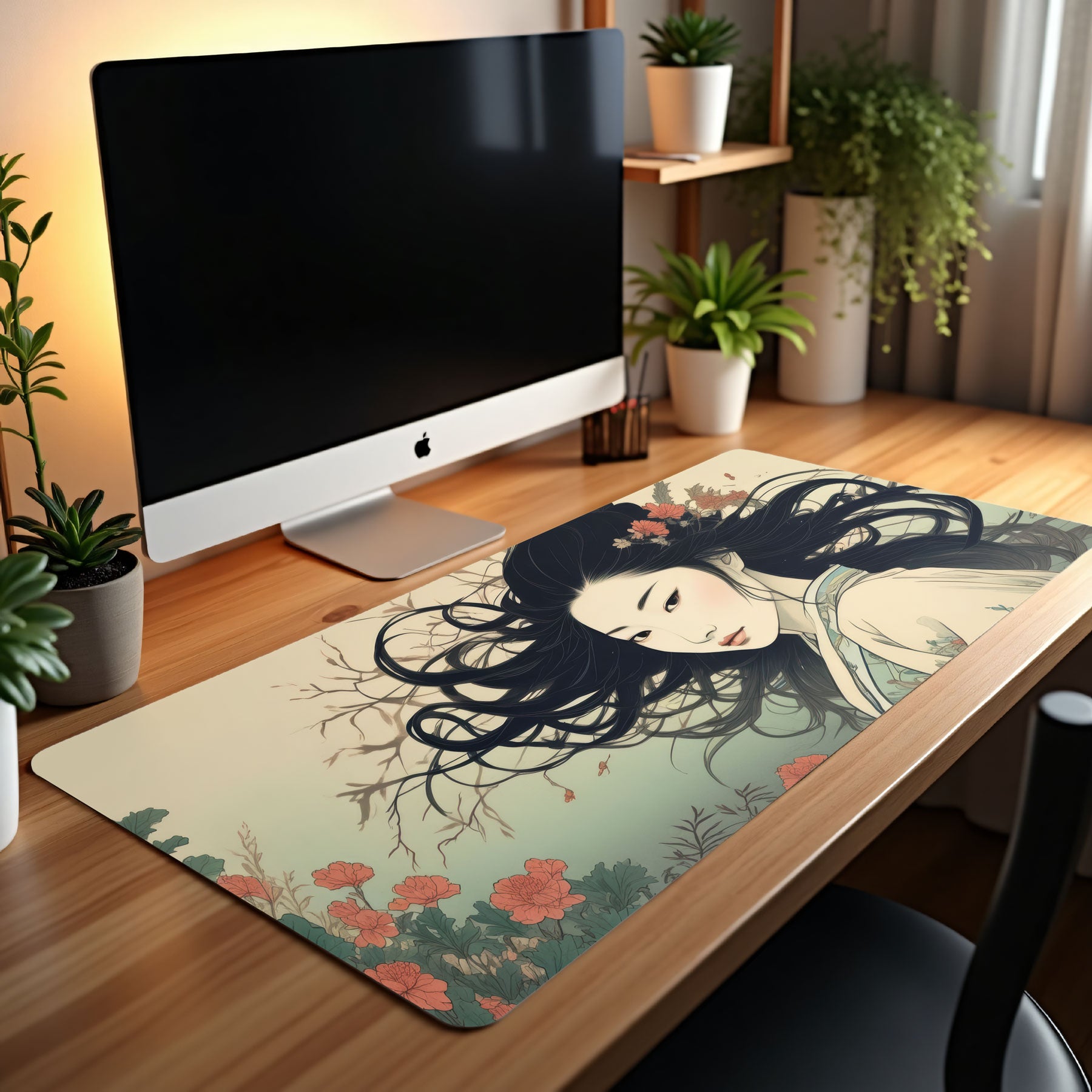 Desk setup with a computer monitor and a decorative mouse pad featuring an illustration of a woman with long hair and flowers.