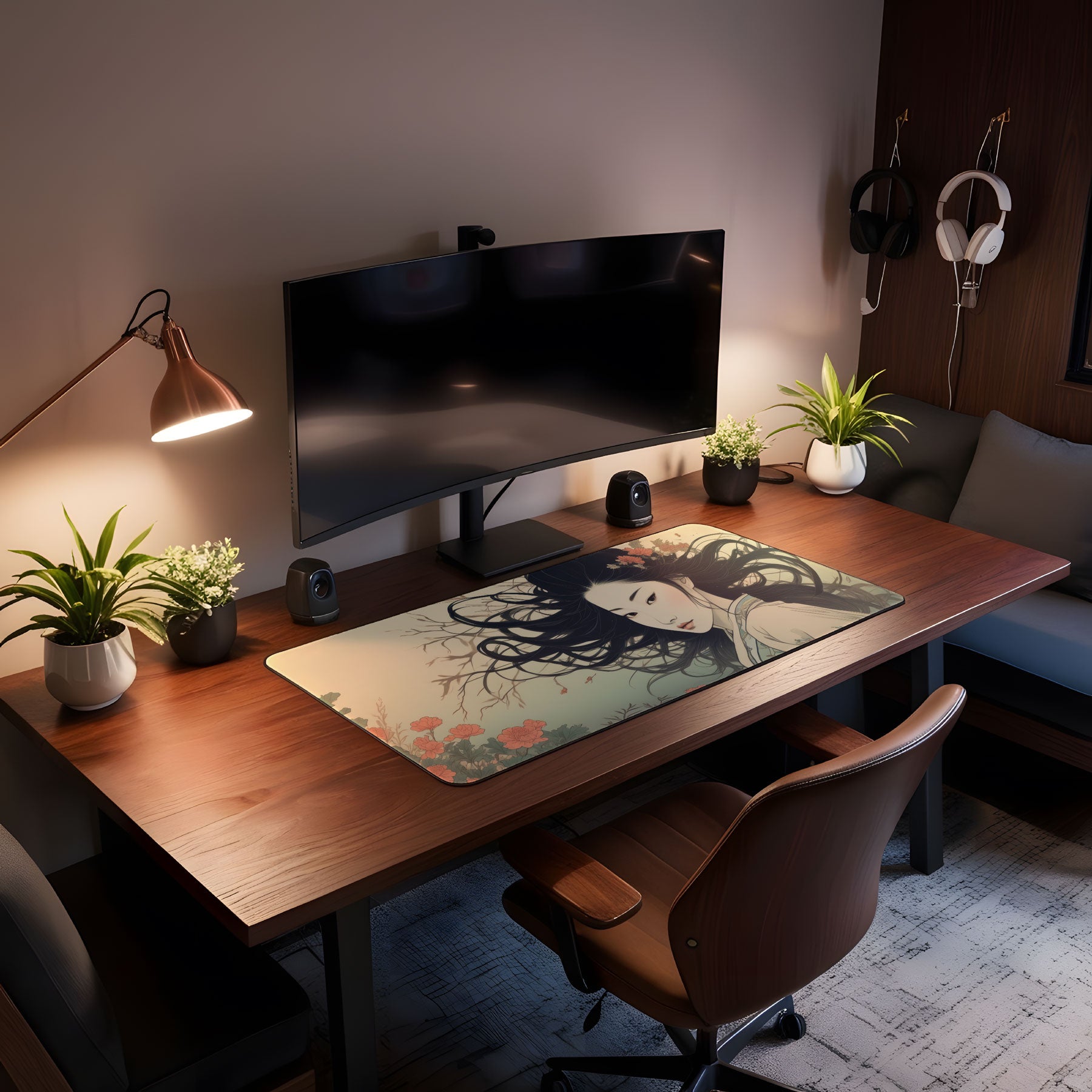 Home office setup with a desk, computer monitor, and decorative elements.