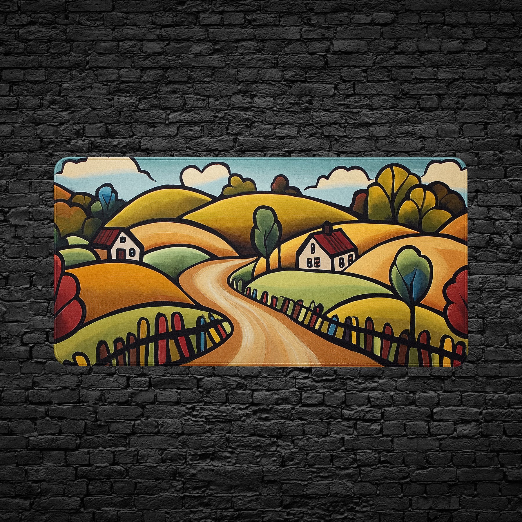Colorful landscape desk mat with houses and trees on a black brick wall.