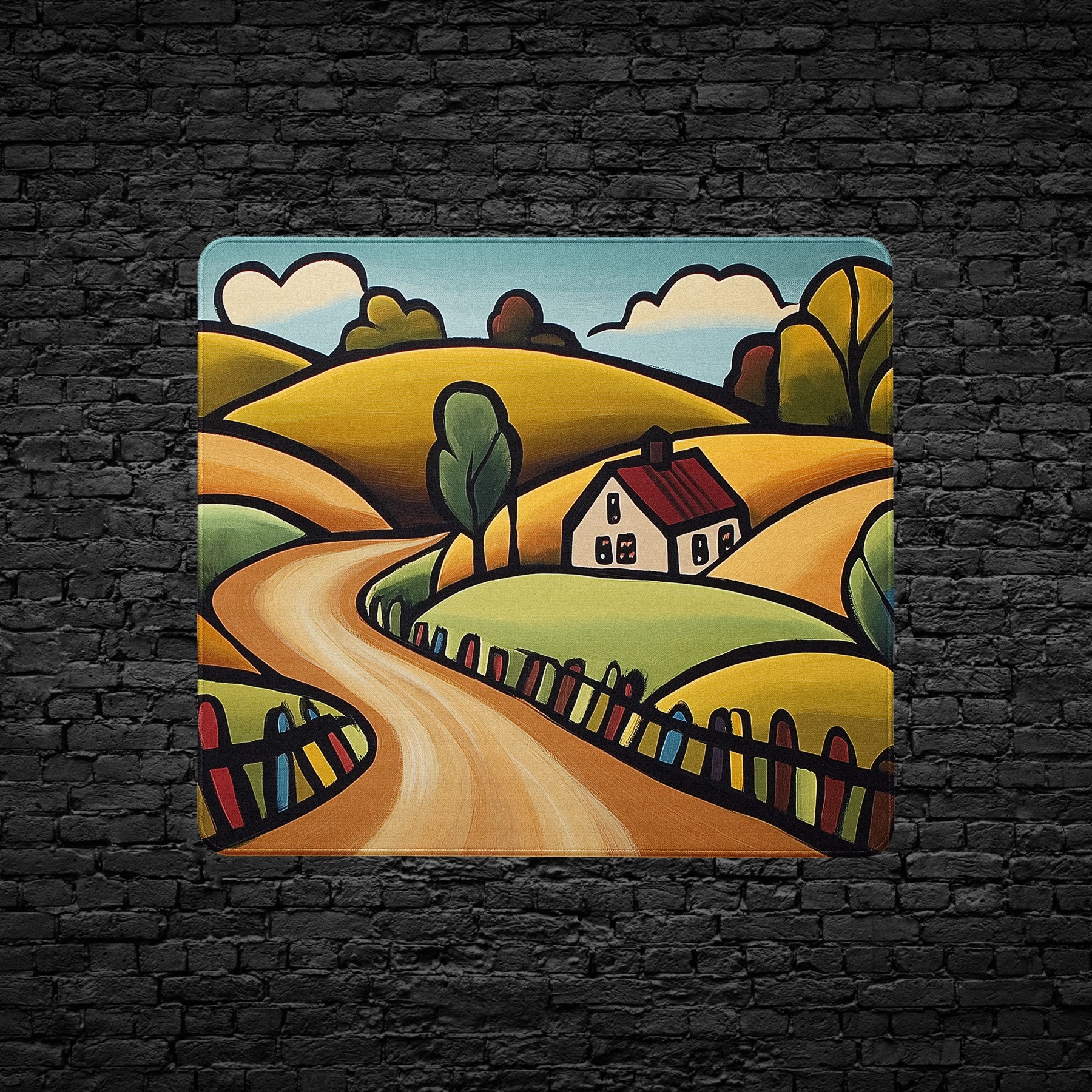 Colorful landscape desk mat of a house and winding road on a black brick wall.