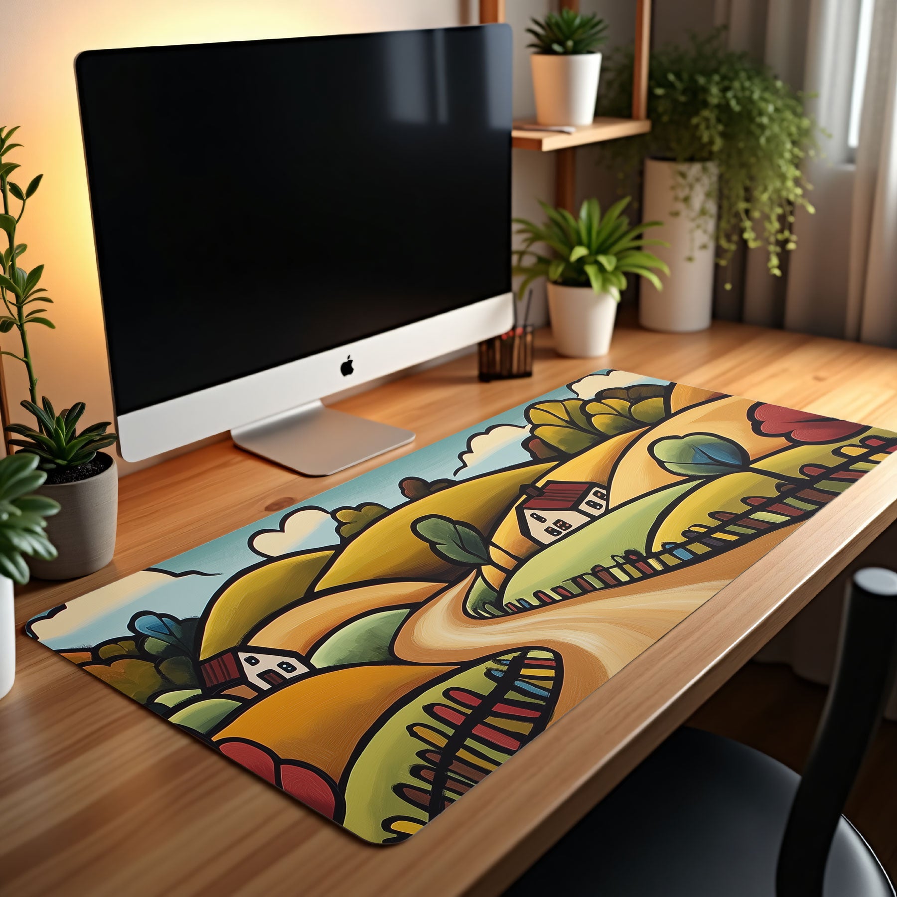Colorful desk mat with a landscape design on a wooden desk, surrounded by plants.