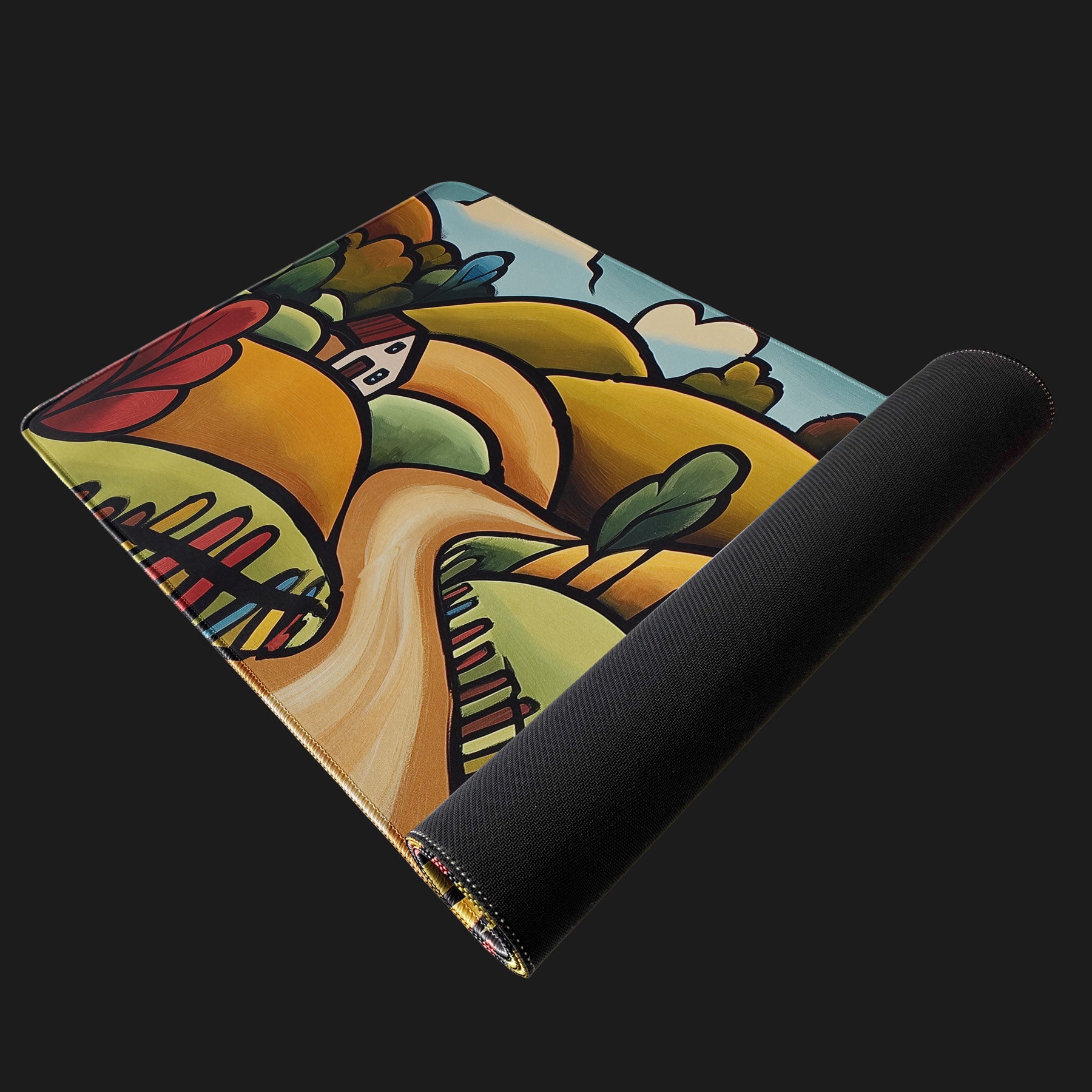 Colorful desk mat landscape design on a black background