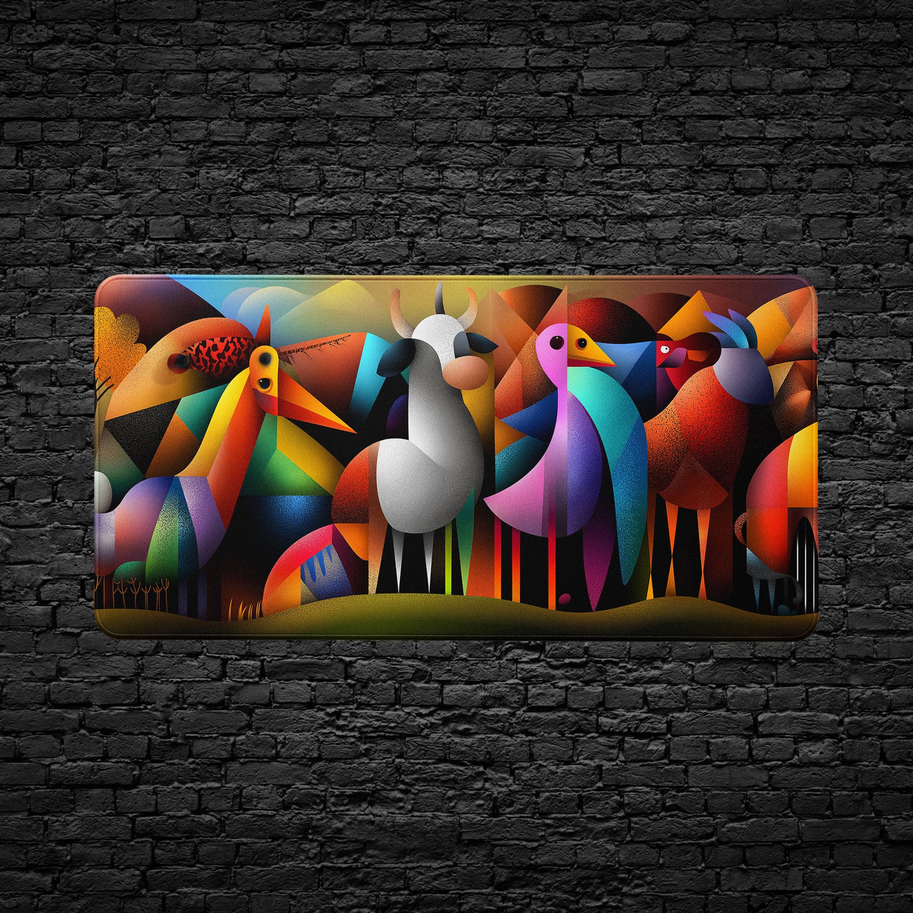 Gaming desk mat with colorful geometric animal design on workspace