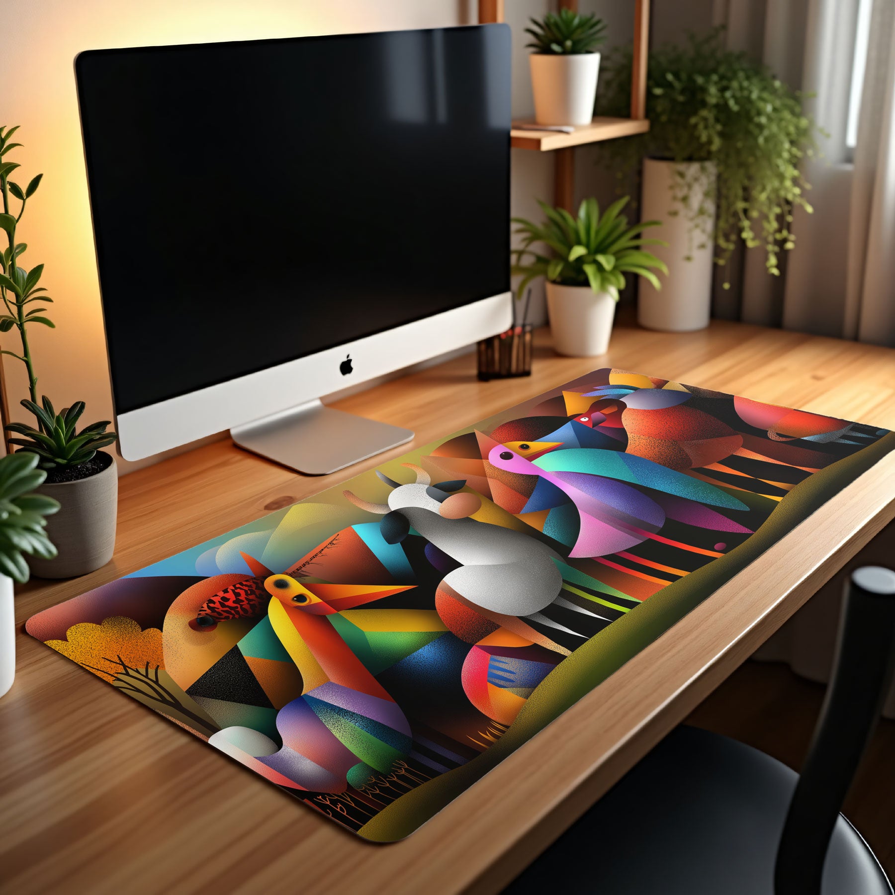 Large mouse pad featuring abstract cow and bird artwork on dark desk