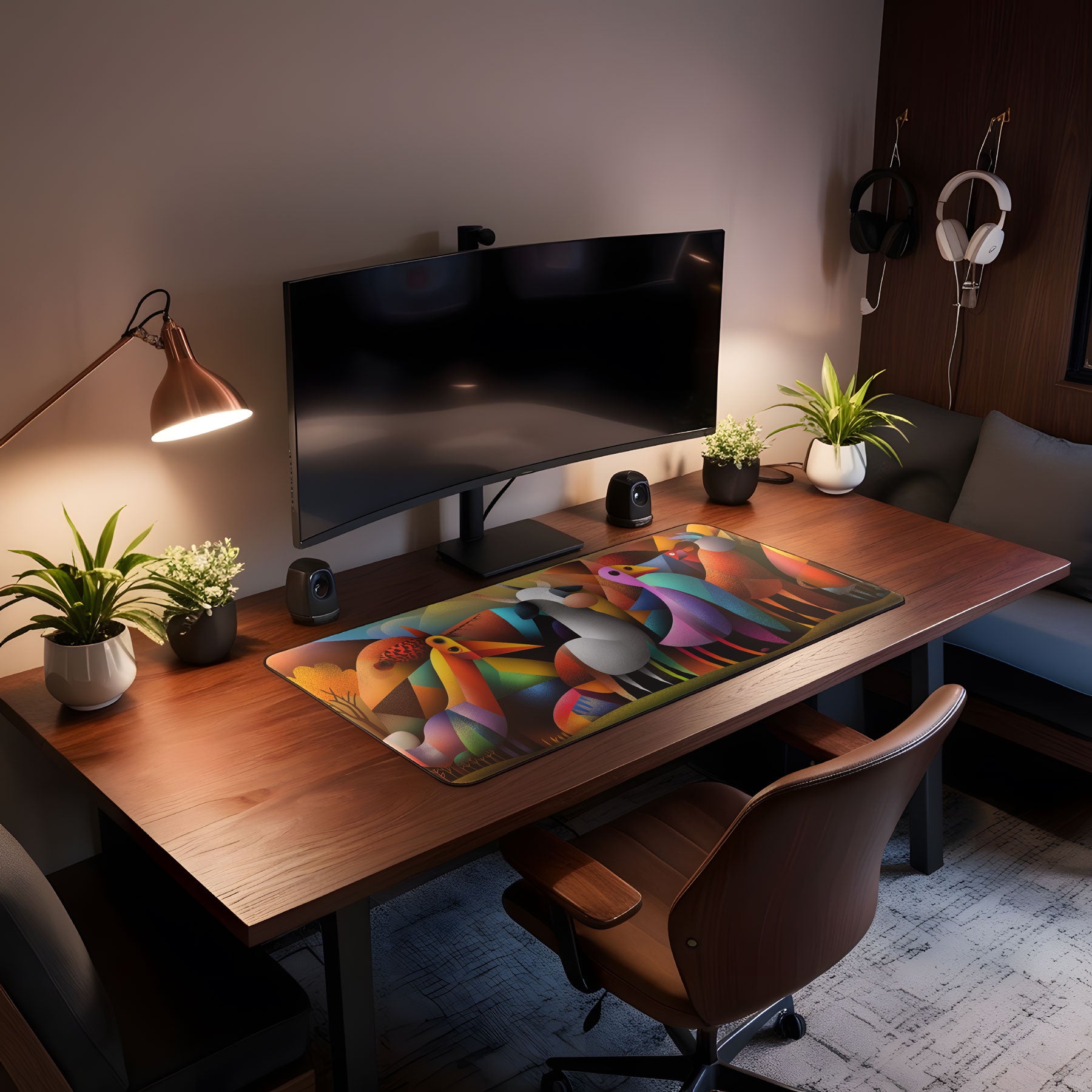 Modern workspace featuring colorful geometric animal mouse pad