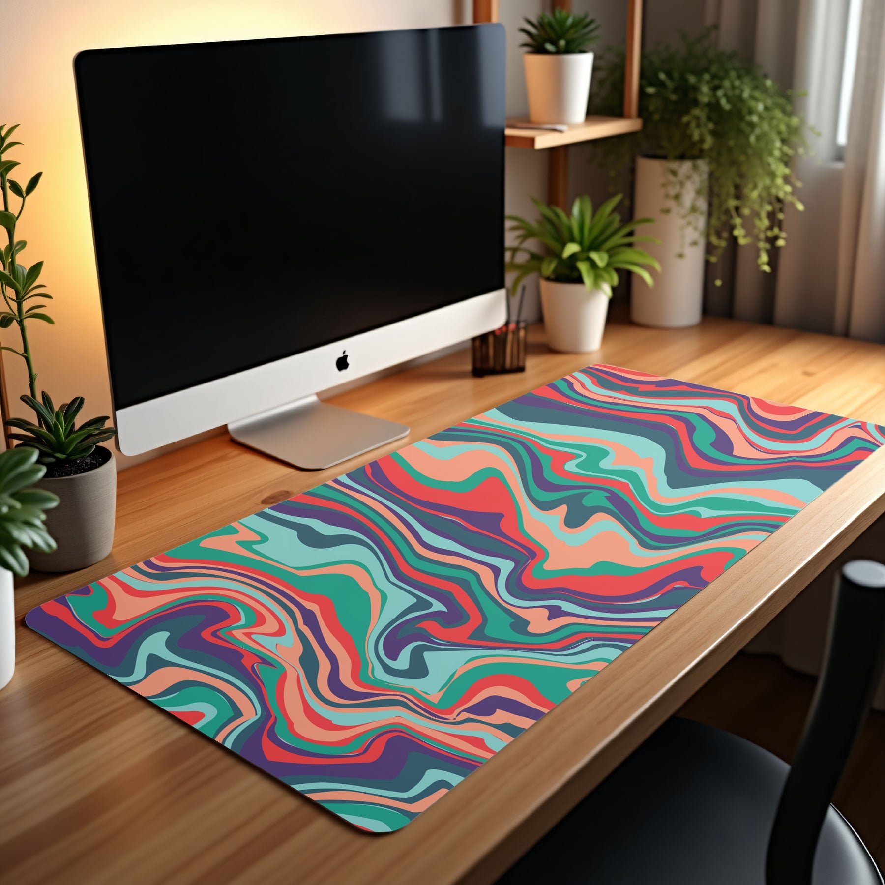 Large desk mat with colorful flowing geometric pattern