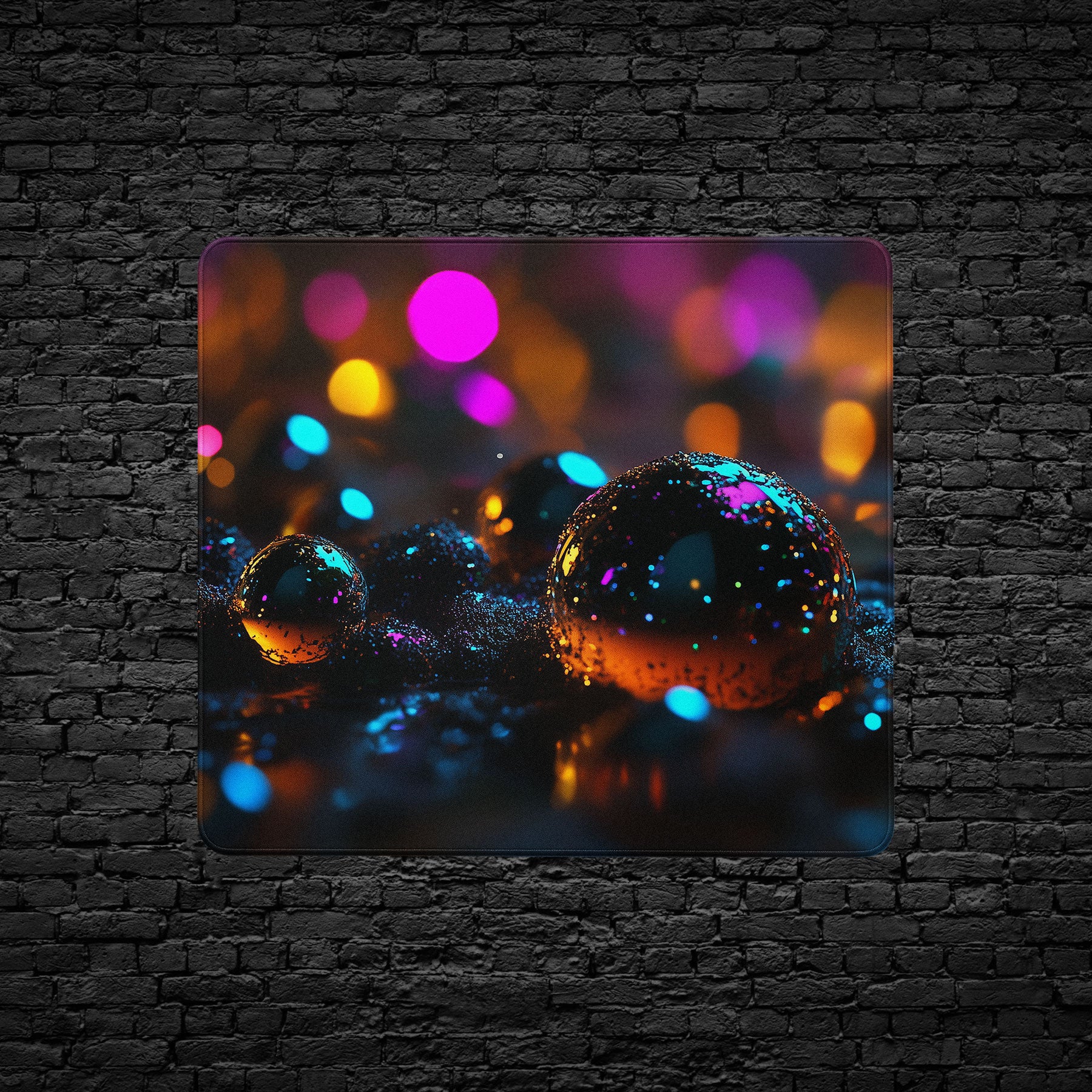 Cyberpunk style desk mat with vibrant orange, purple, and blue orbs
