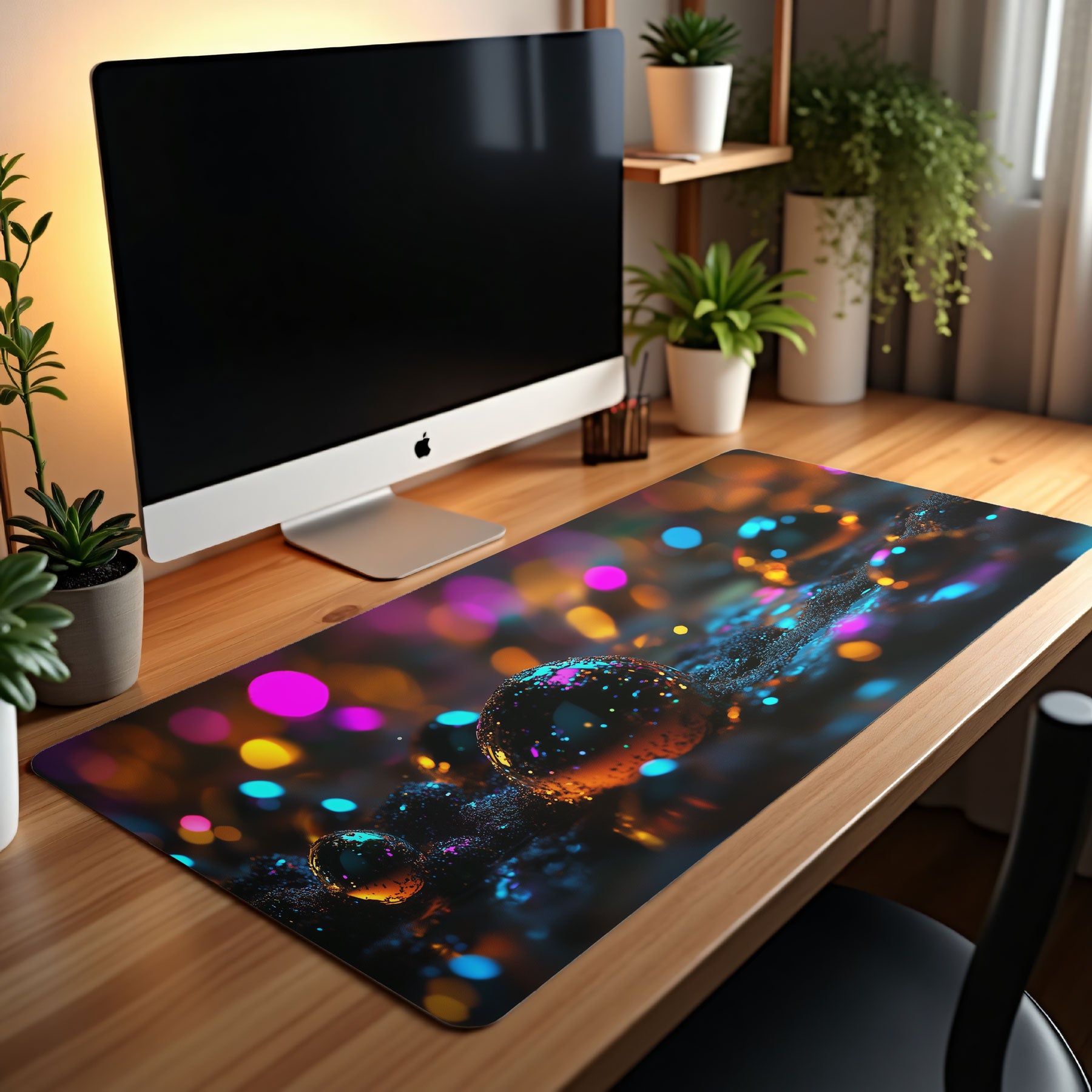 Large desk mat with glowing spheres and colorful abstract artwork