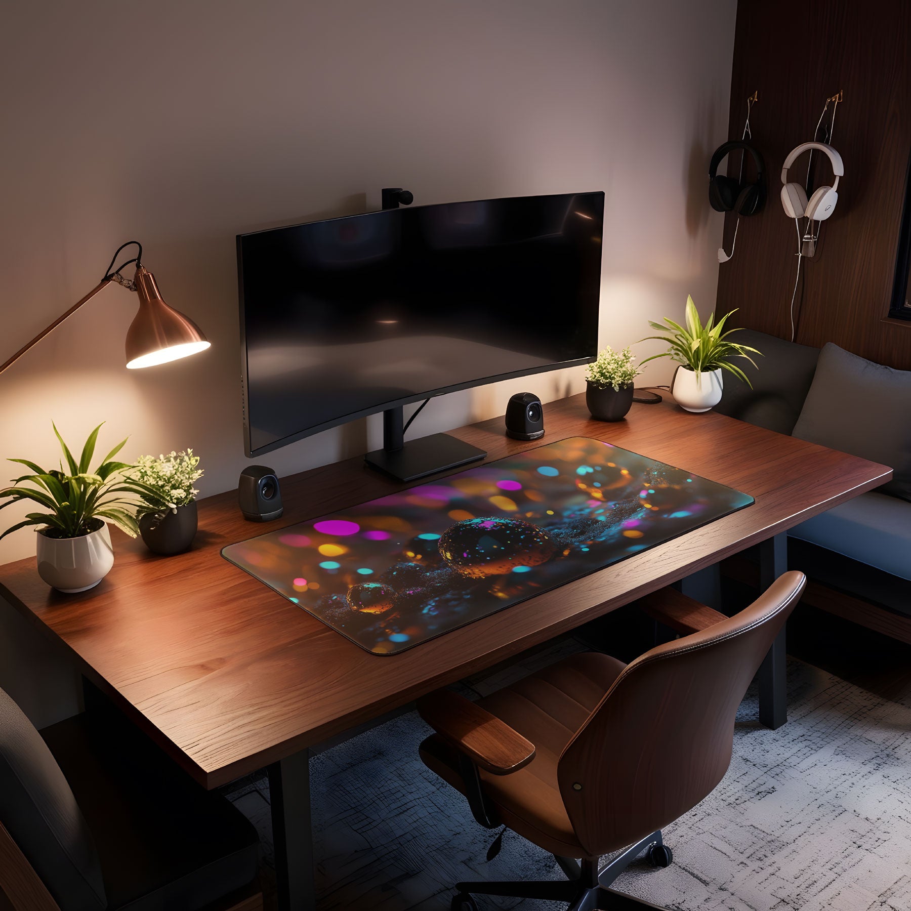 Modern office mouse pad with neon light abstract pattern