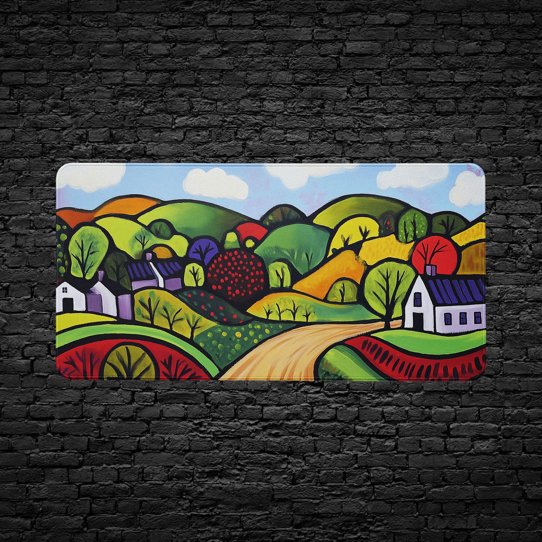 Large gaming mouse pad with folk art style houses and trees