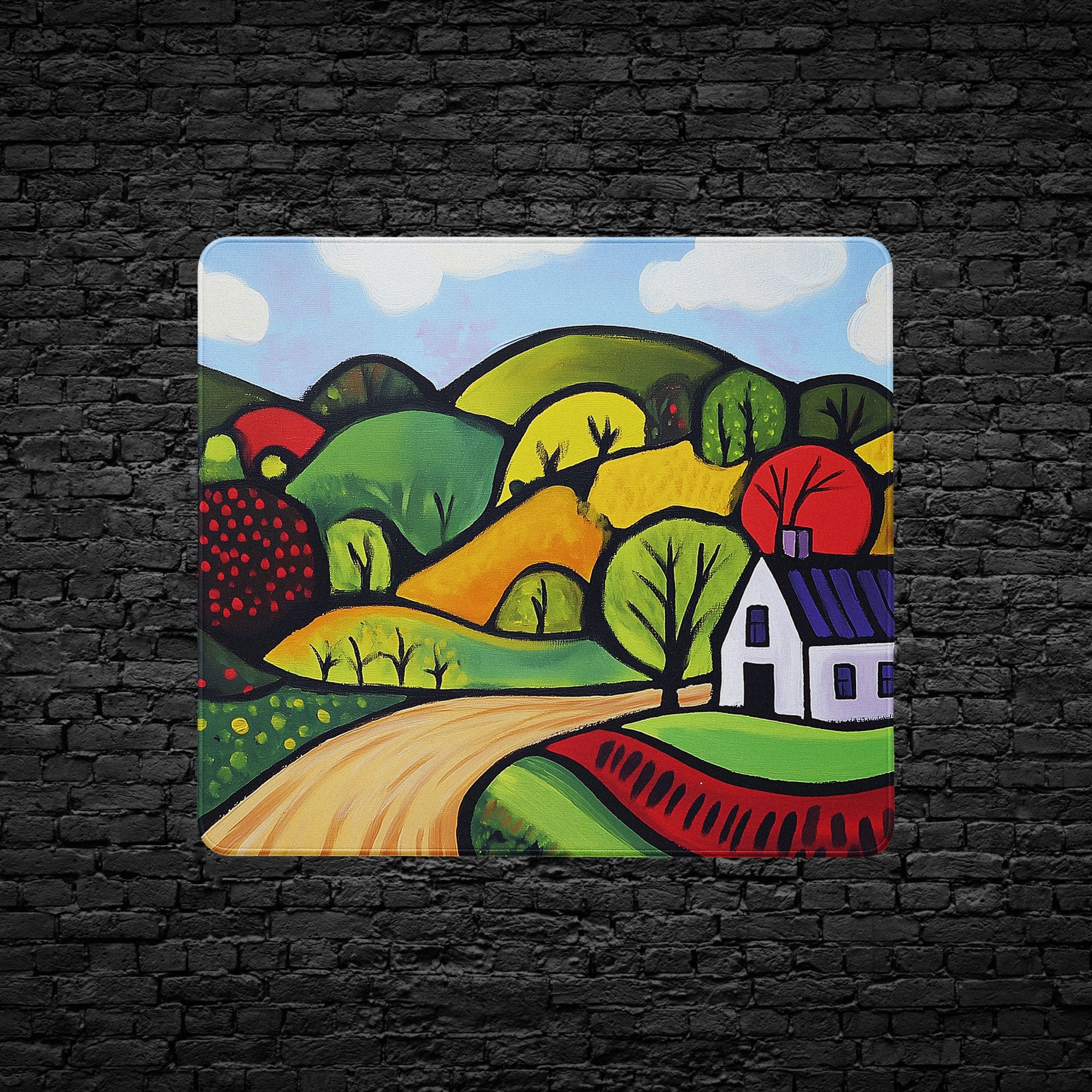 Artistic desk mat featuring colorful village landscape painting