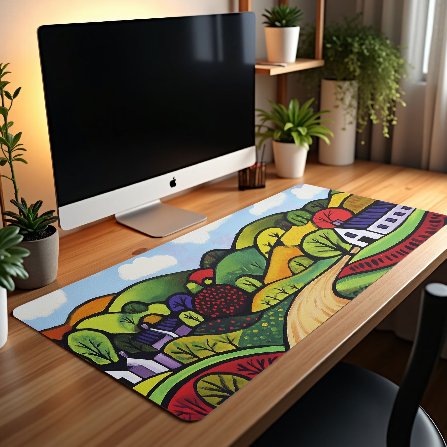 Rustic countryside desk mat with vibrant hills and farmland