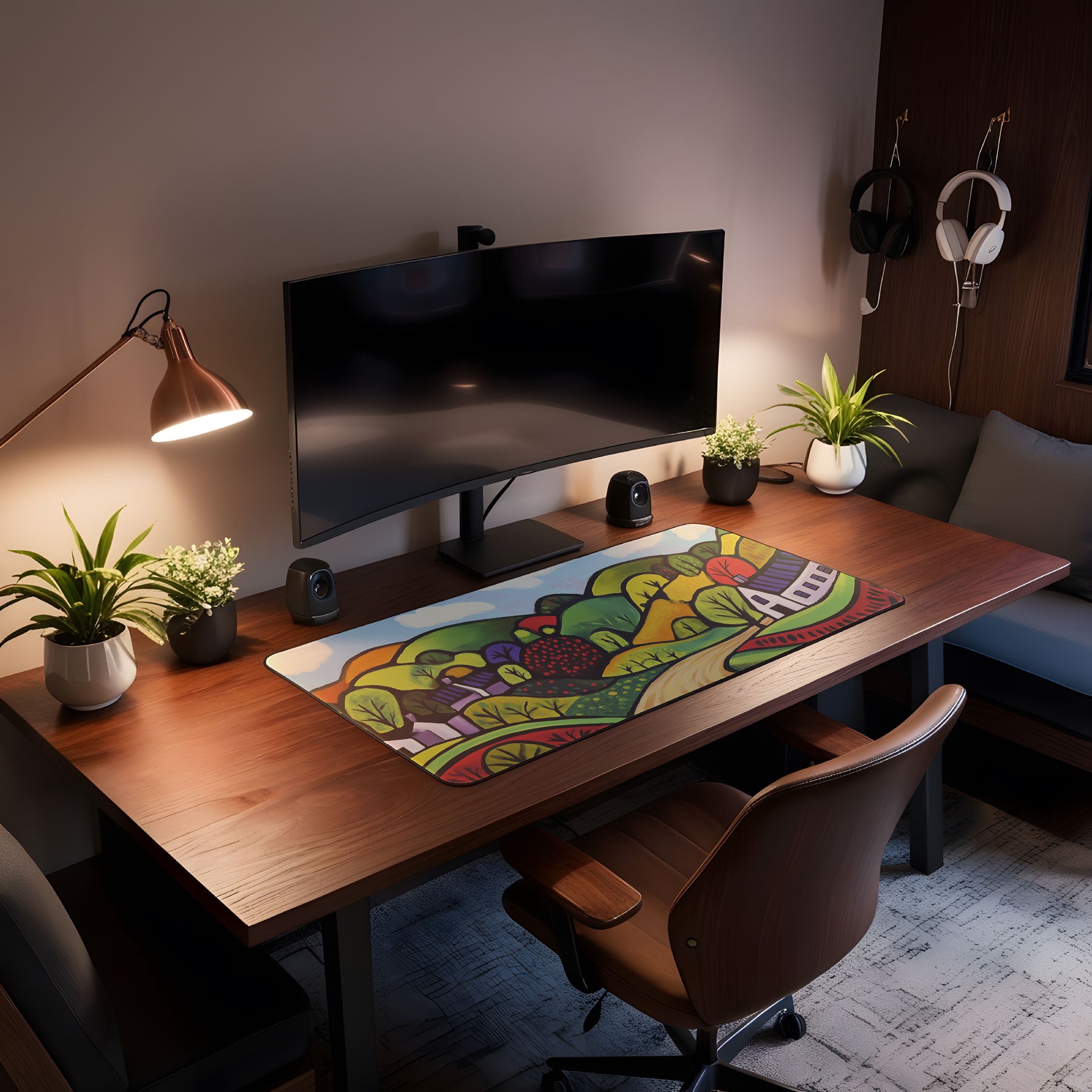 Extra-large desk mat featuring folk art inspired rural scenery