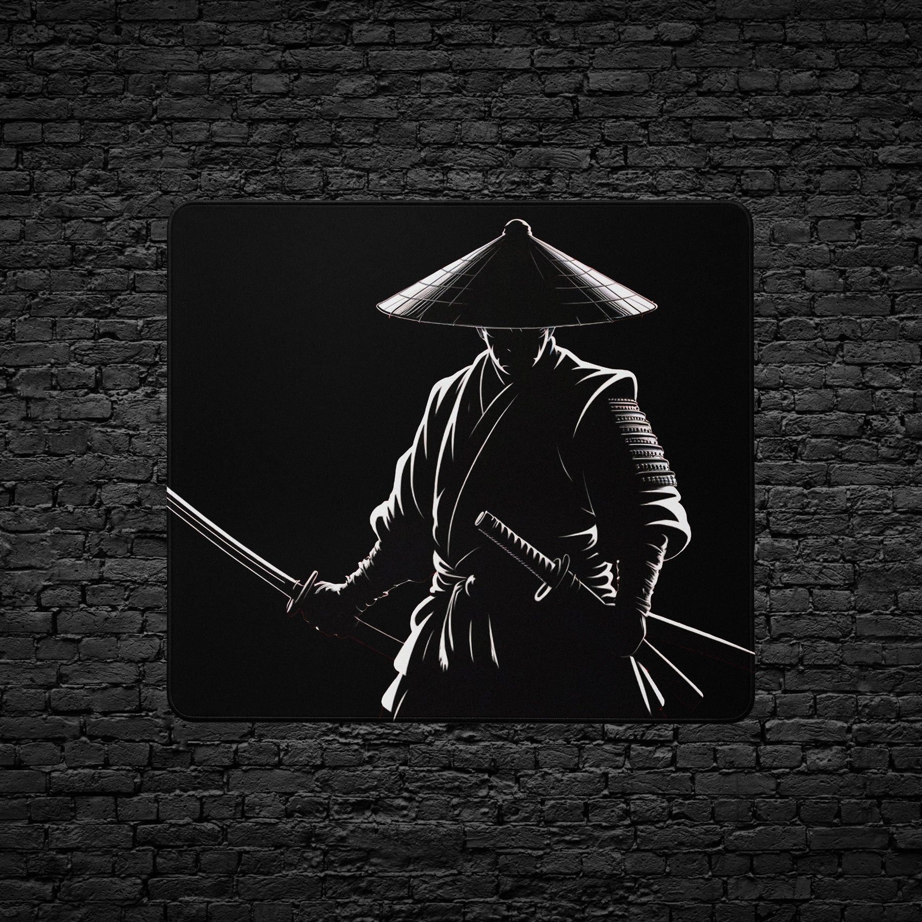 Gaming desk mat with samurai holding katana in dark minimalist style