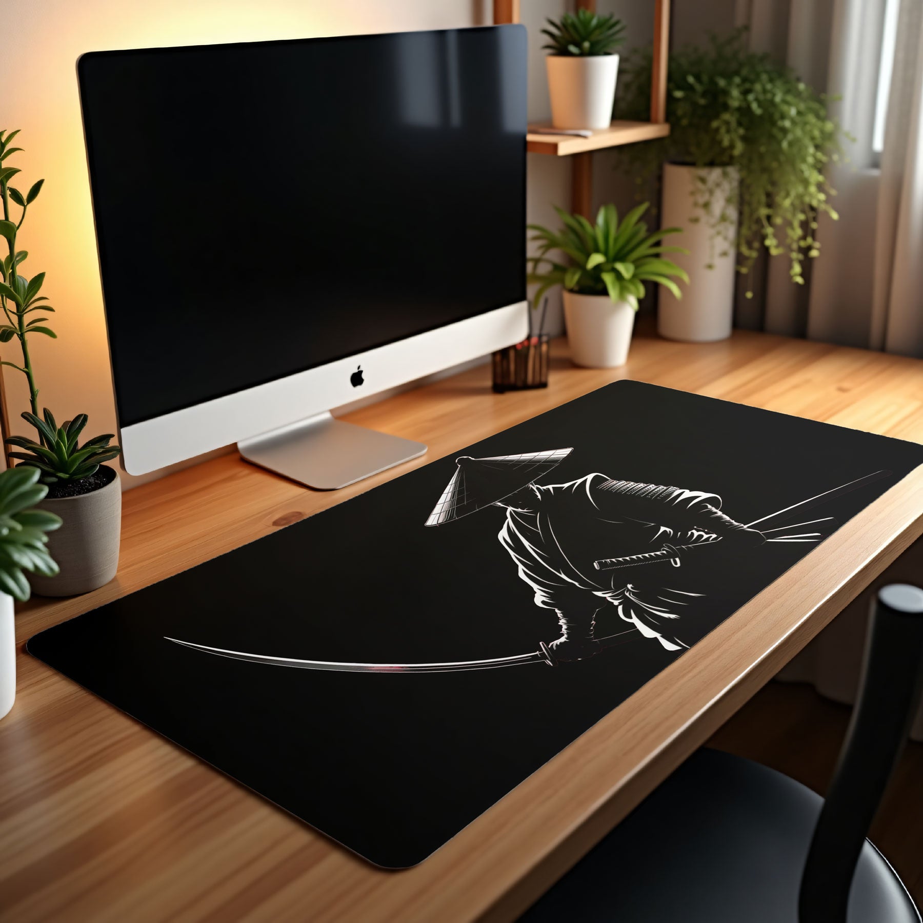 Extra-large Japanese warrior desk mat with katana fighter artwork
