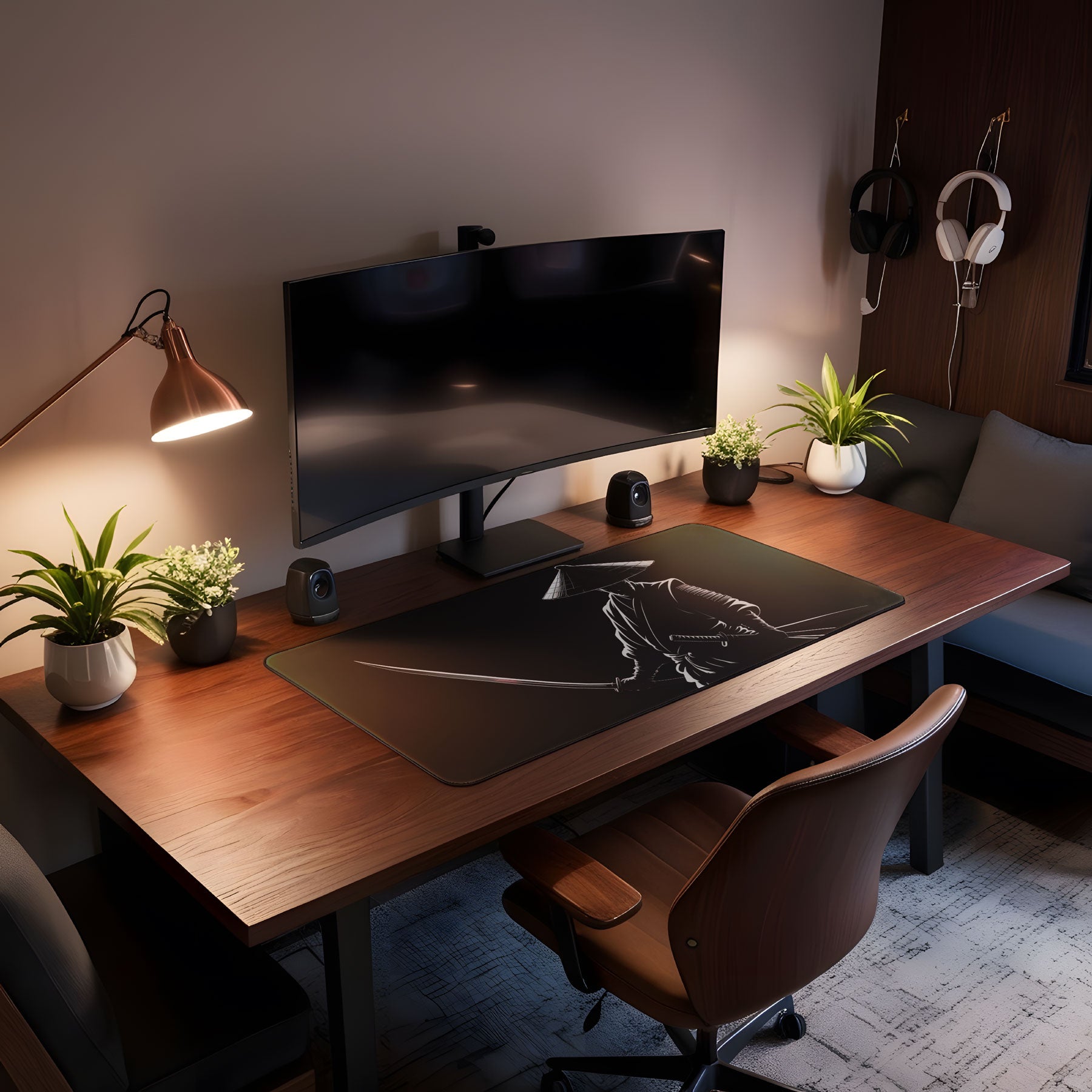 Modern home office setup with a desk, computer monitor, and office chair.