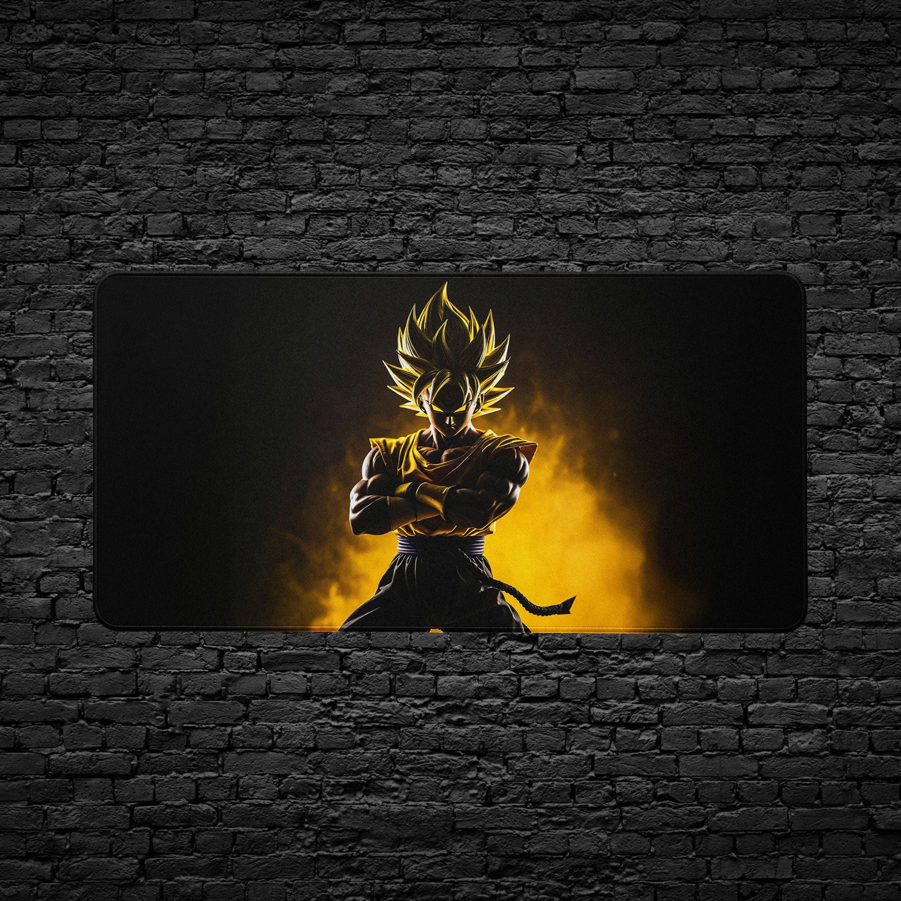 Large desk mat with anime warrior glowing in fiery aura artwork