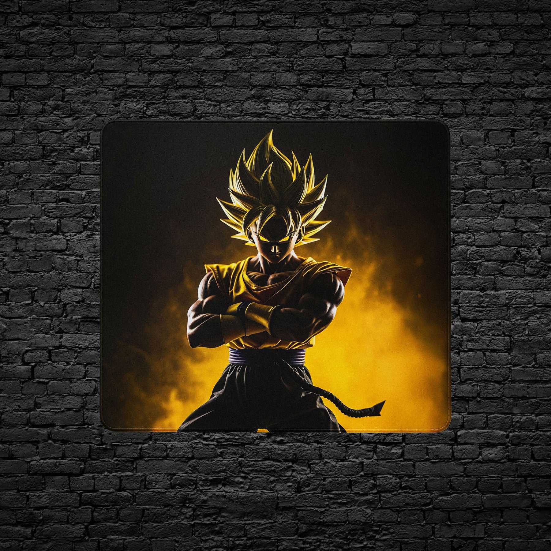 Anime-inspired desk mat with Super Saiyan character in yellow light