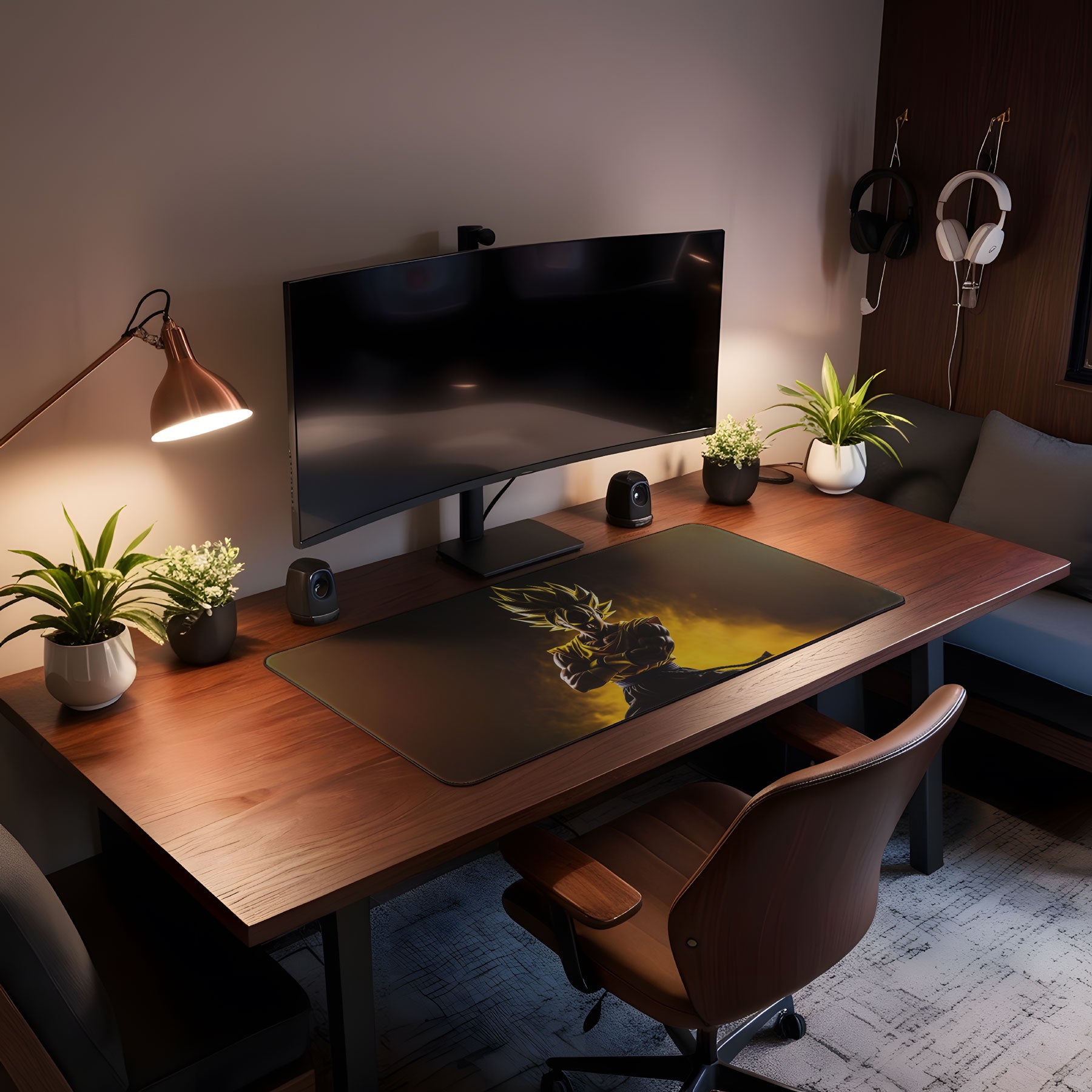 Modern home office setup with a desk, computer monitor, and decorative elements.