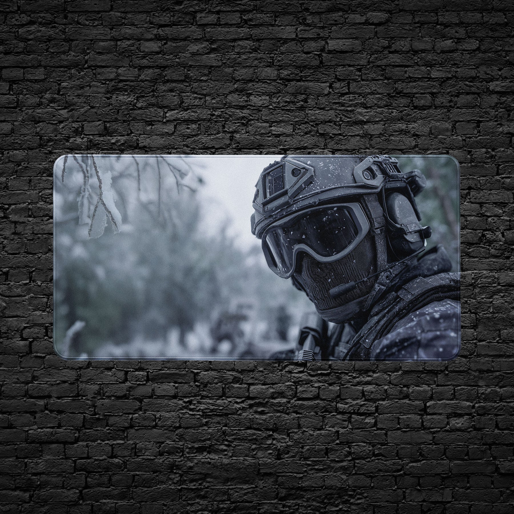 Gaming mouse pad featuring soldier in winter camouflage and helmet