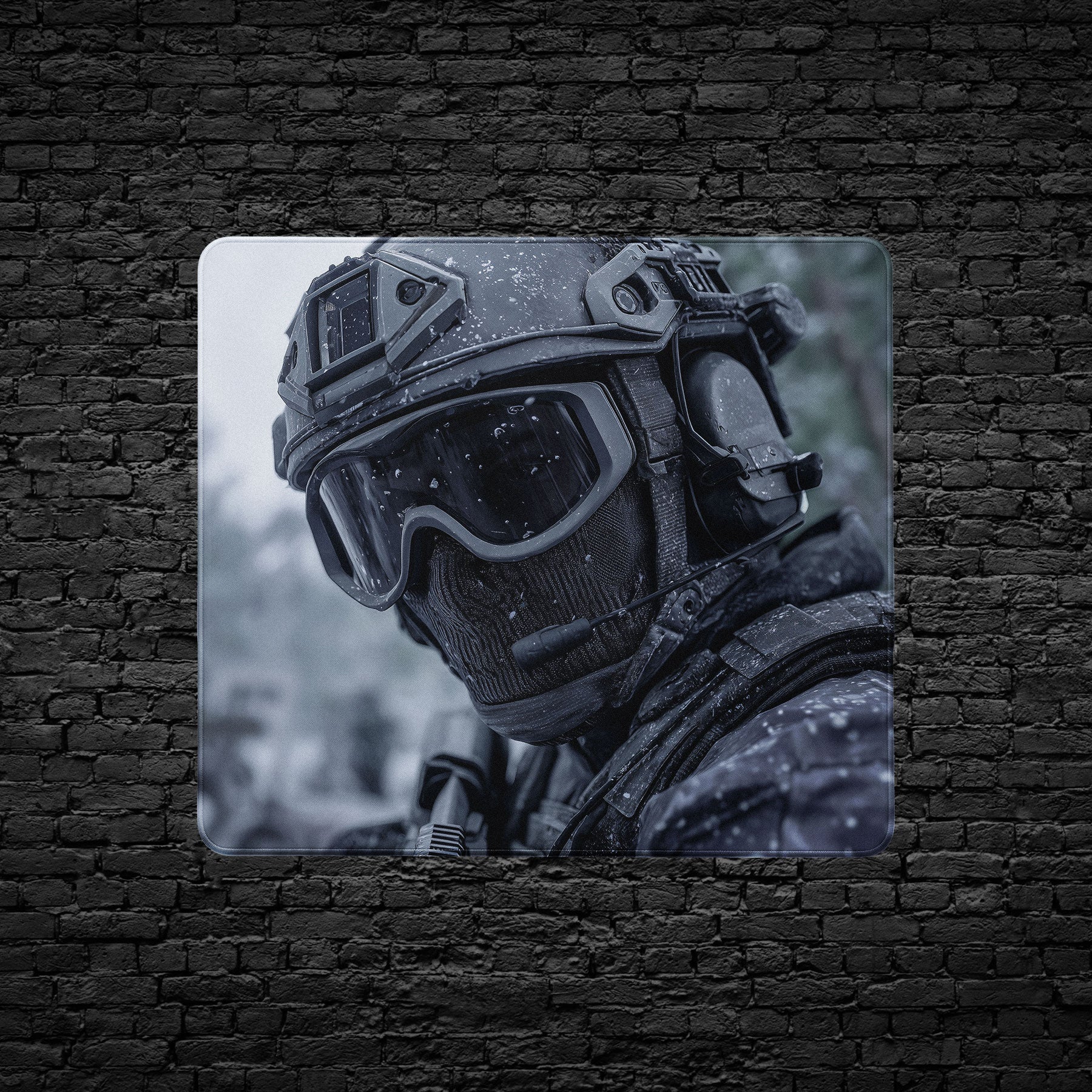Office desk mat showing soldier in combat gear with goggles