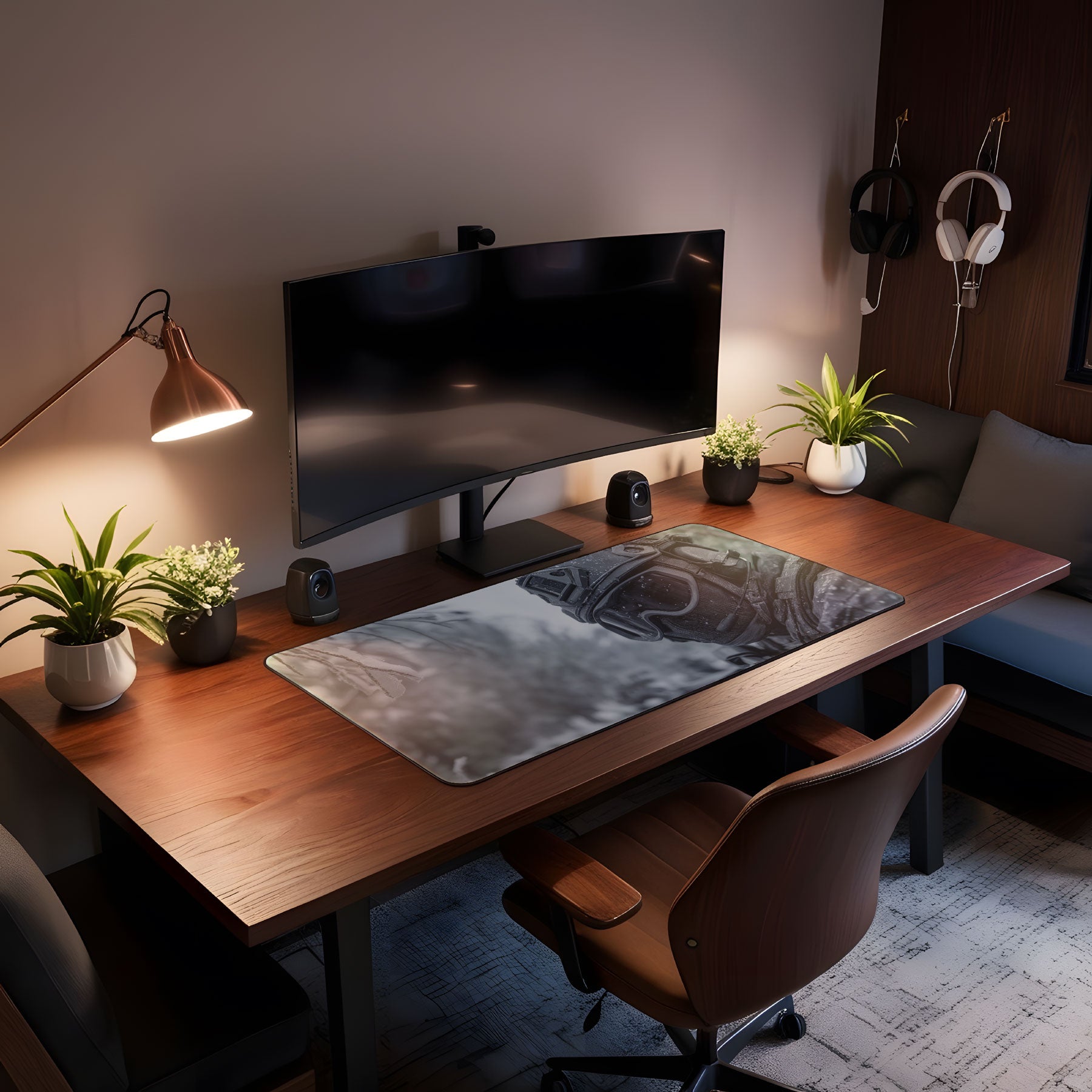 Modern home office setup with a desk, computer monitor, and decorative elements.