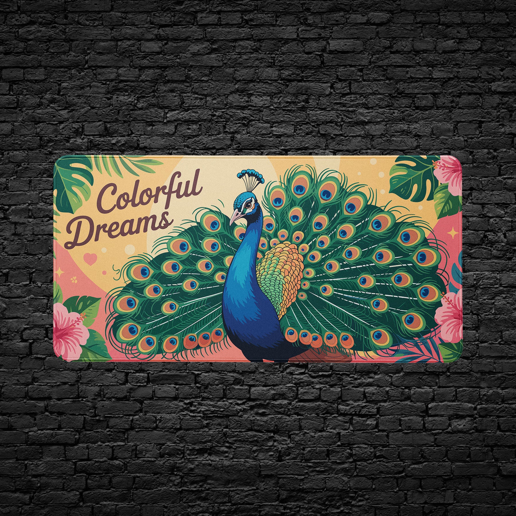 Peacock-inspired office desk mat with elegant feather illustration