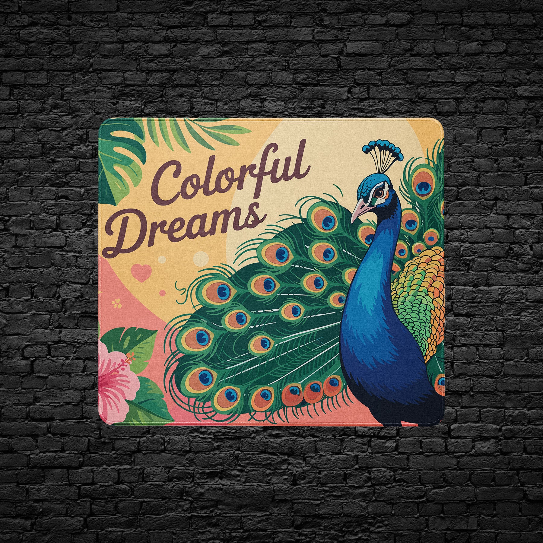 Modern workspace desk mat featuring peacock design and “Colorful Dreams” text