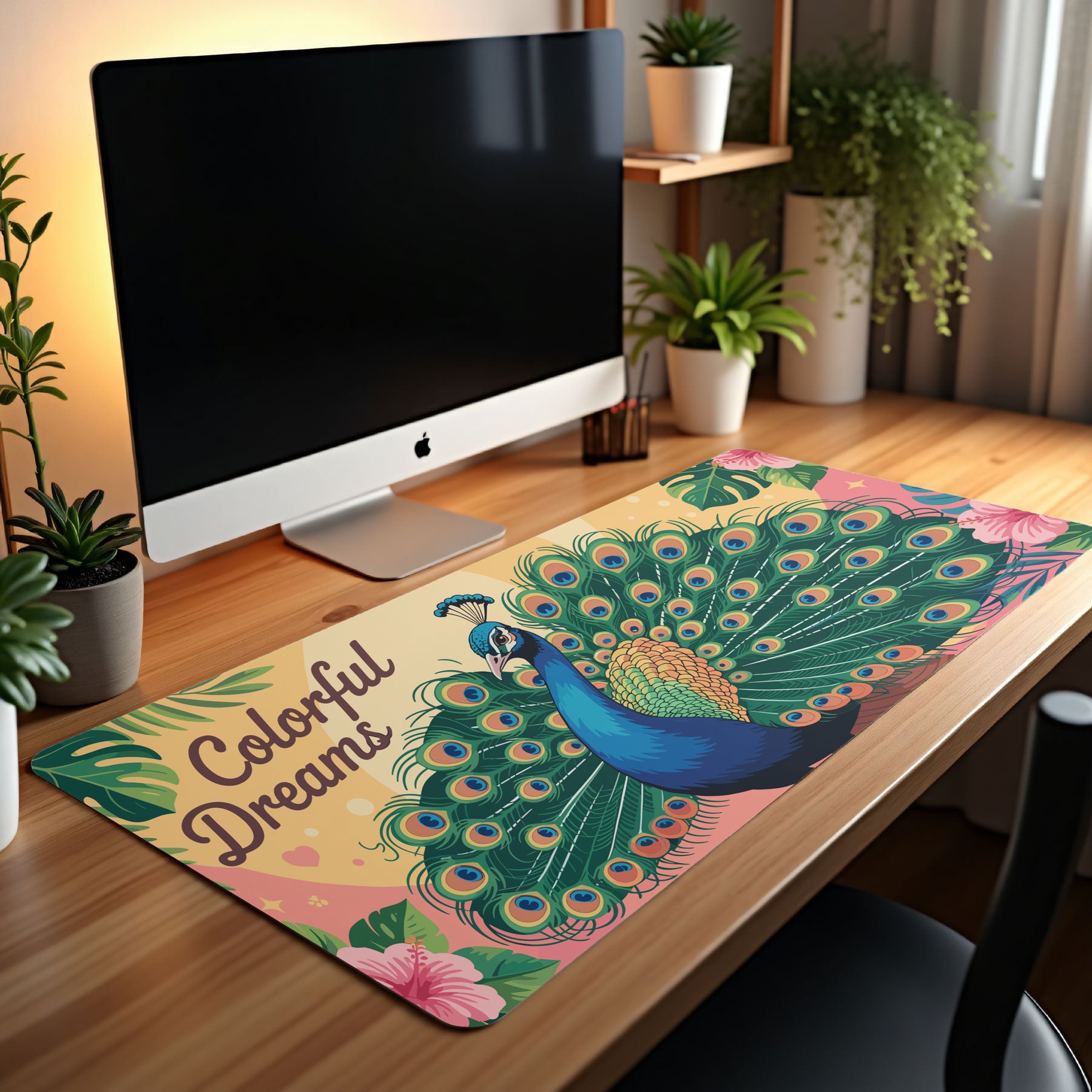Large desk mat with colorful peacock artwork and floral details