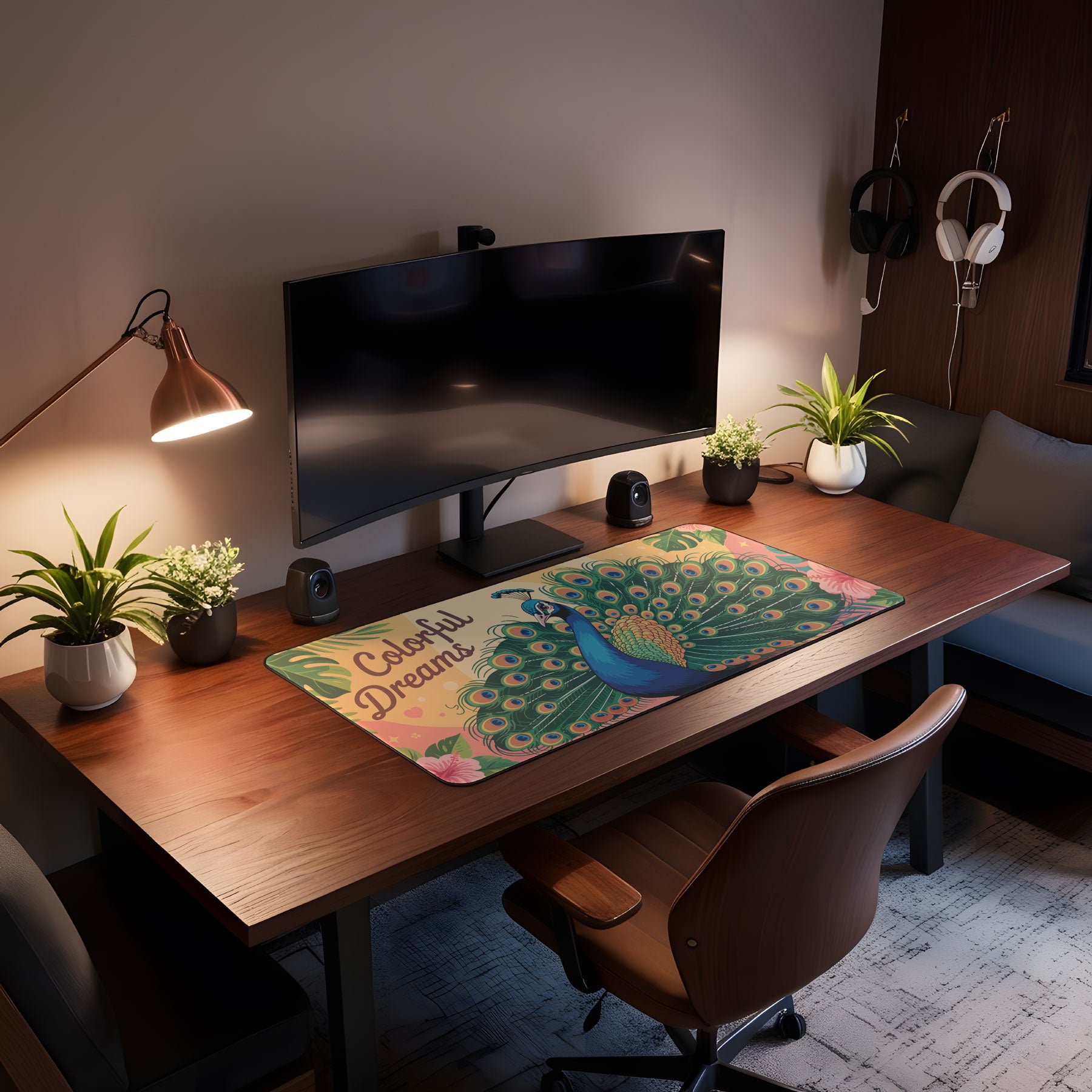 Extra-large mouse pad with vibrant peacock tail art and pastel background