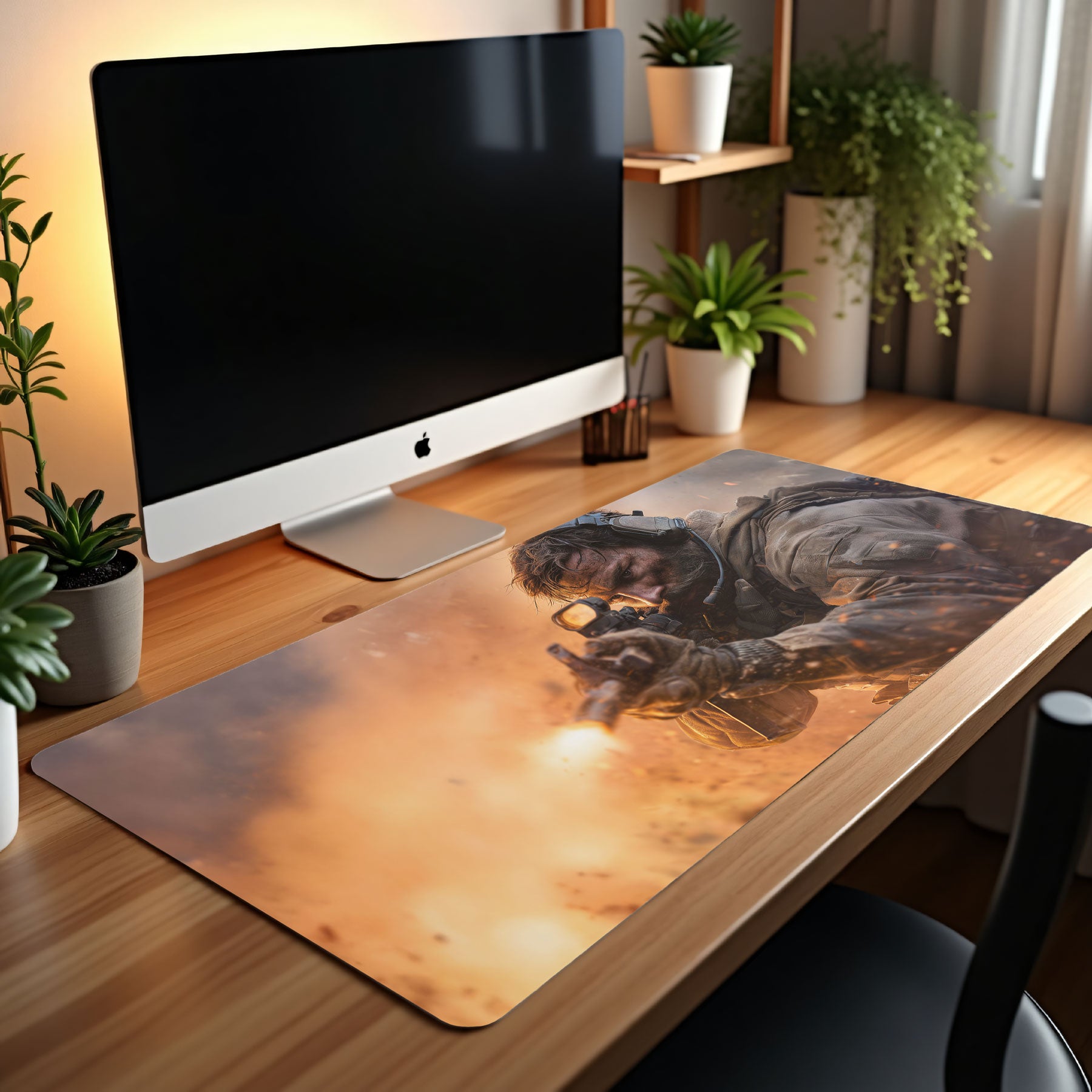 Desk setup with a computer monitor and a large mouse pad featuring a dog and child design.